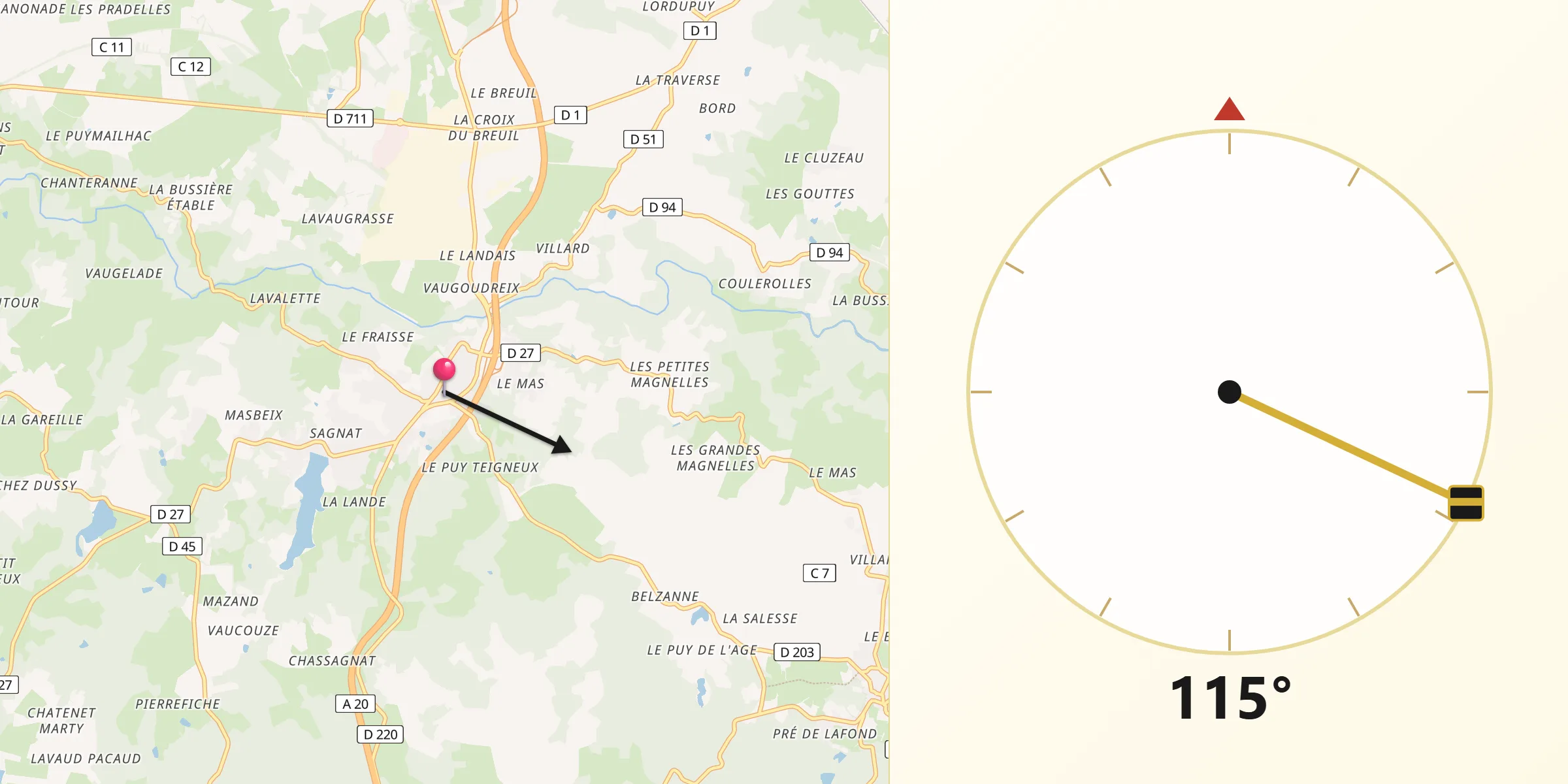 Direction vers la Qibla depuis Bessines-sur-Gartempe