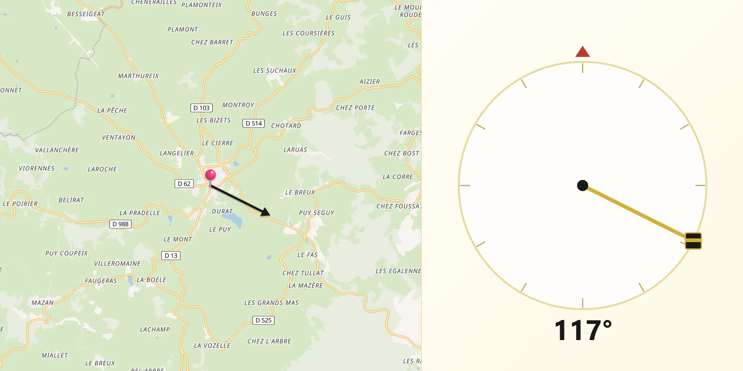 Direction vers la Qibla depuis Pionsat