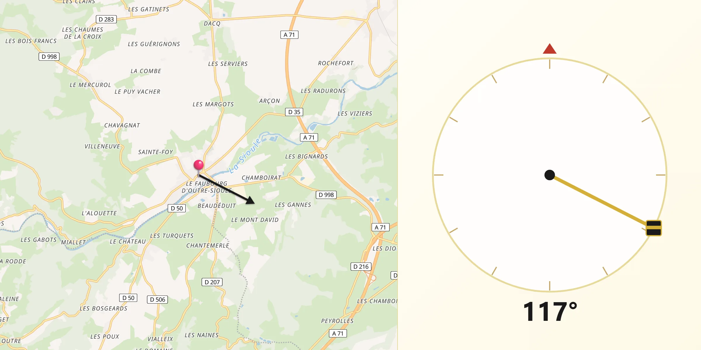 Direction vers la Qibla depuis Ébreuil