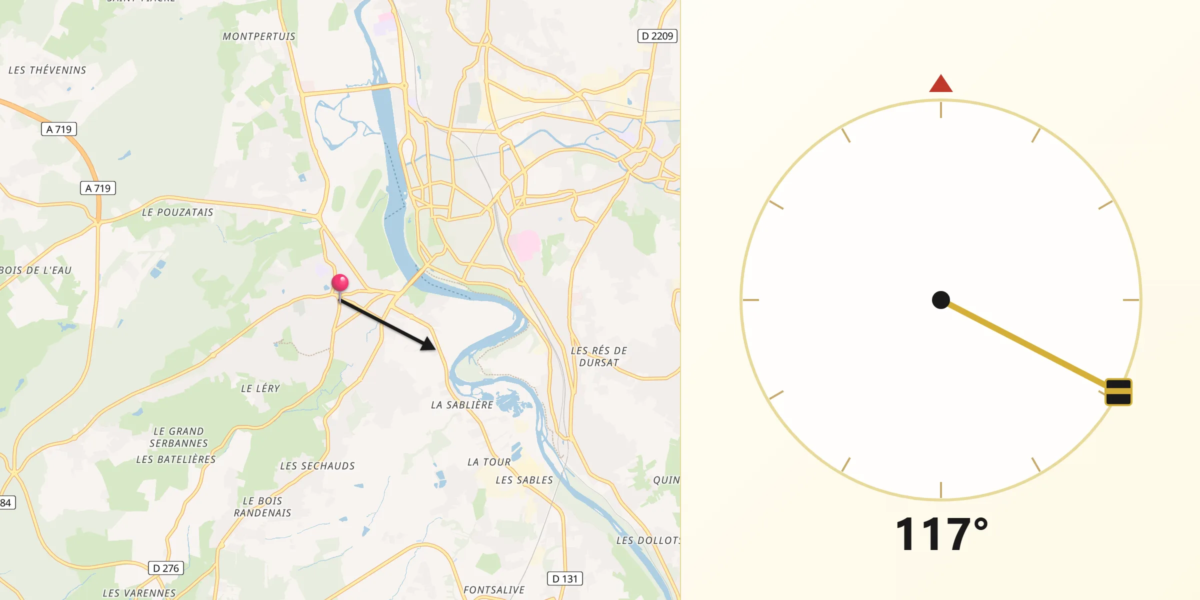 Direction vers la Qibla depuis Bellerive-sur-Allier