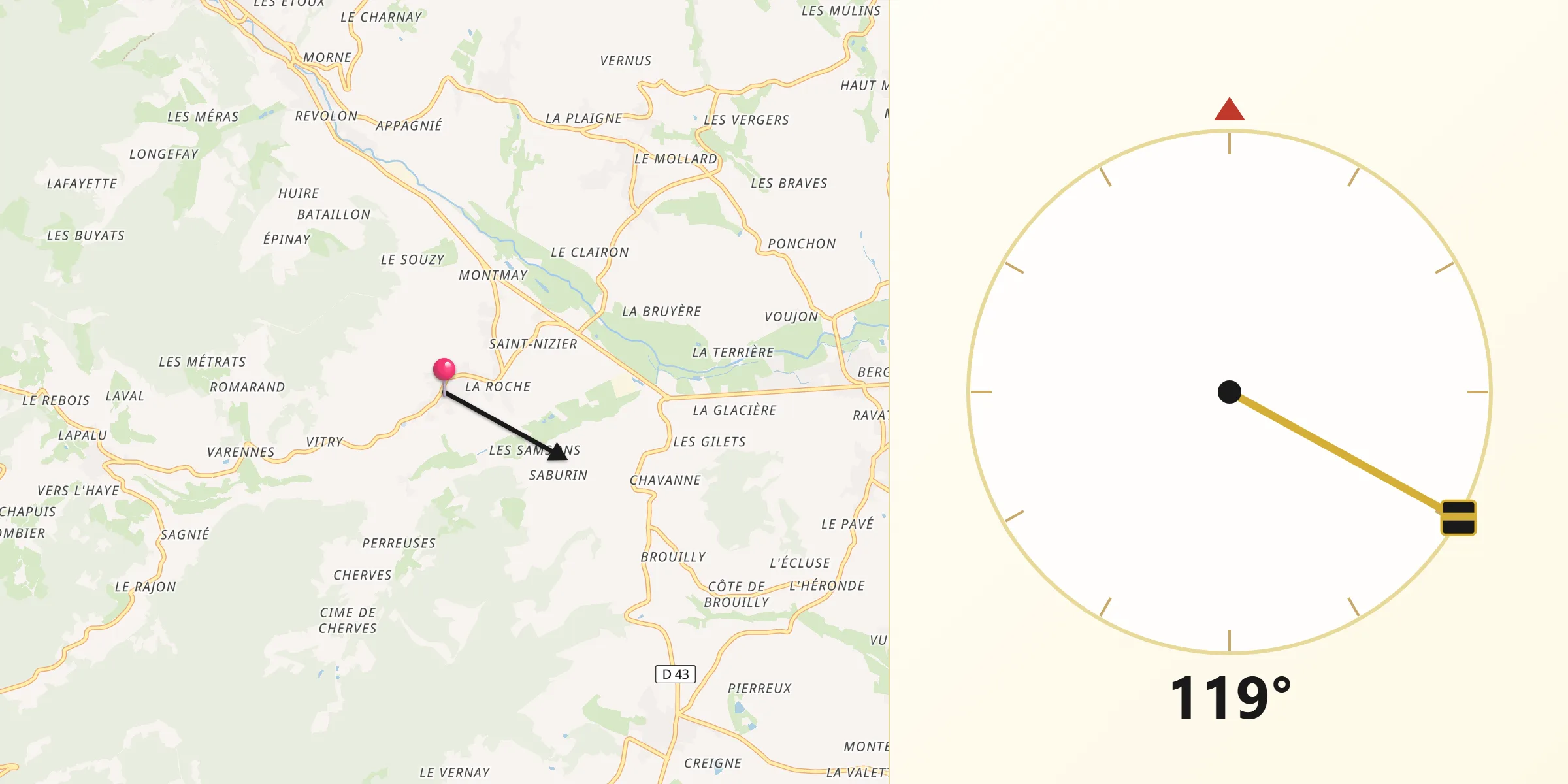 Direction vers la Qibla depuis Quincié-en-Beaujolais