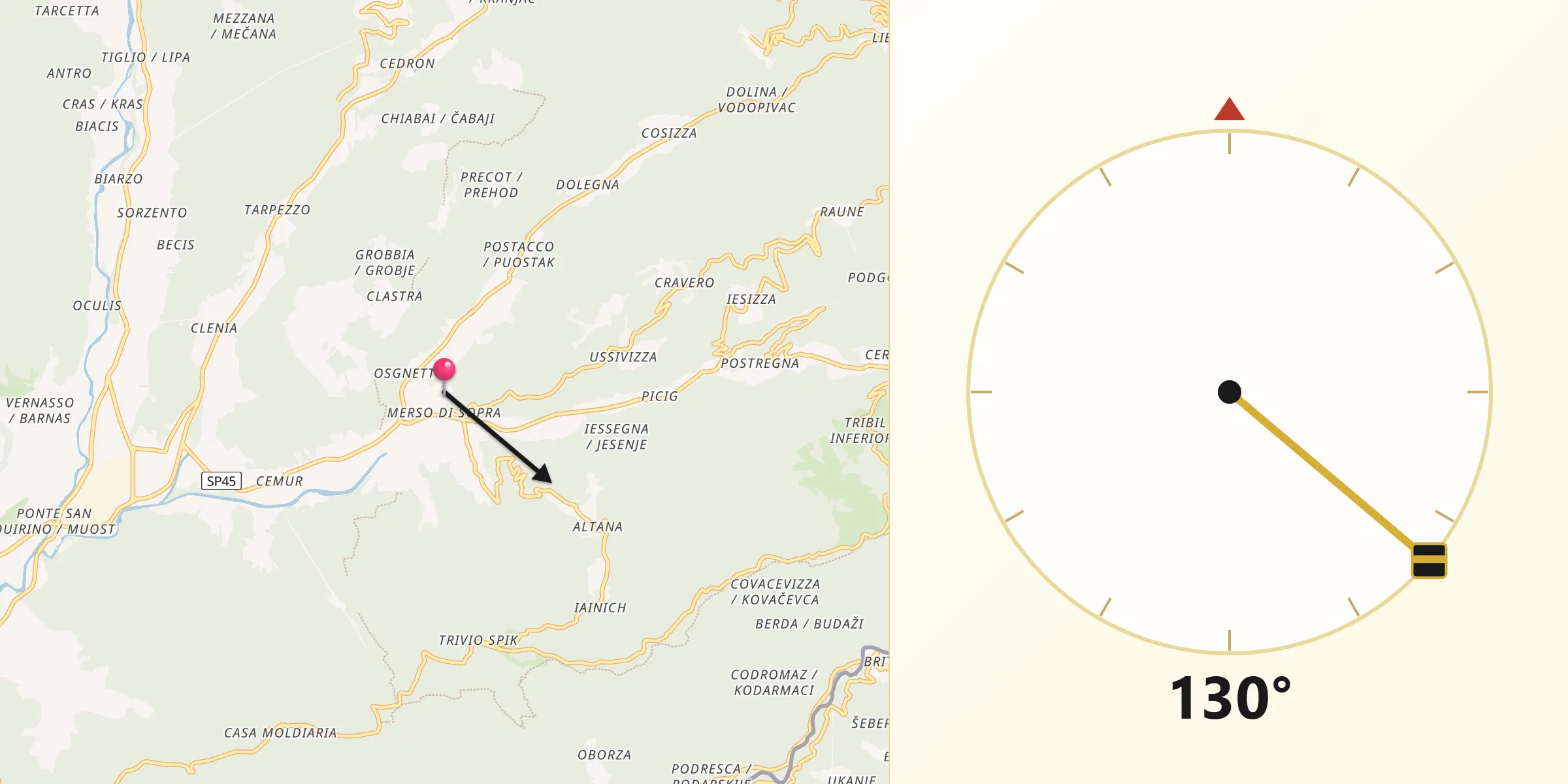 Direzione della Qibla da Merso di Sopra
