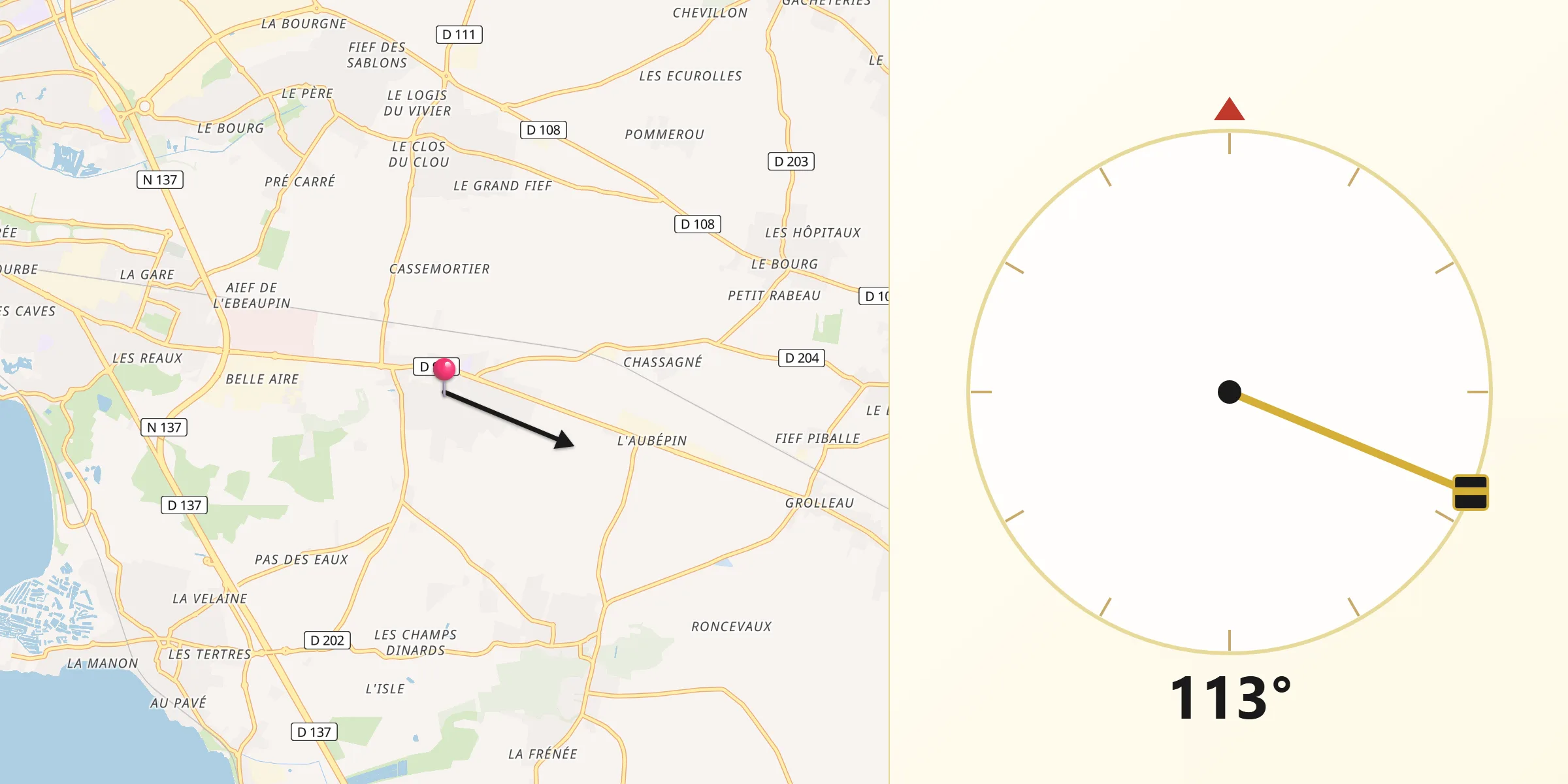 Direction vers la Qibla depuis La Jarne