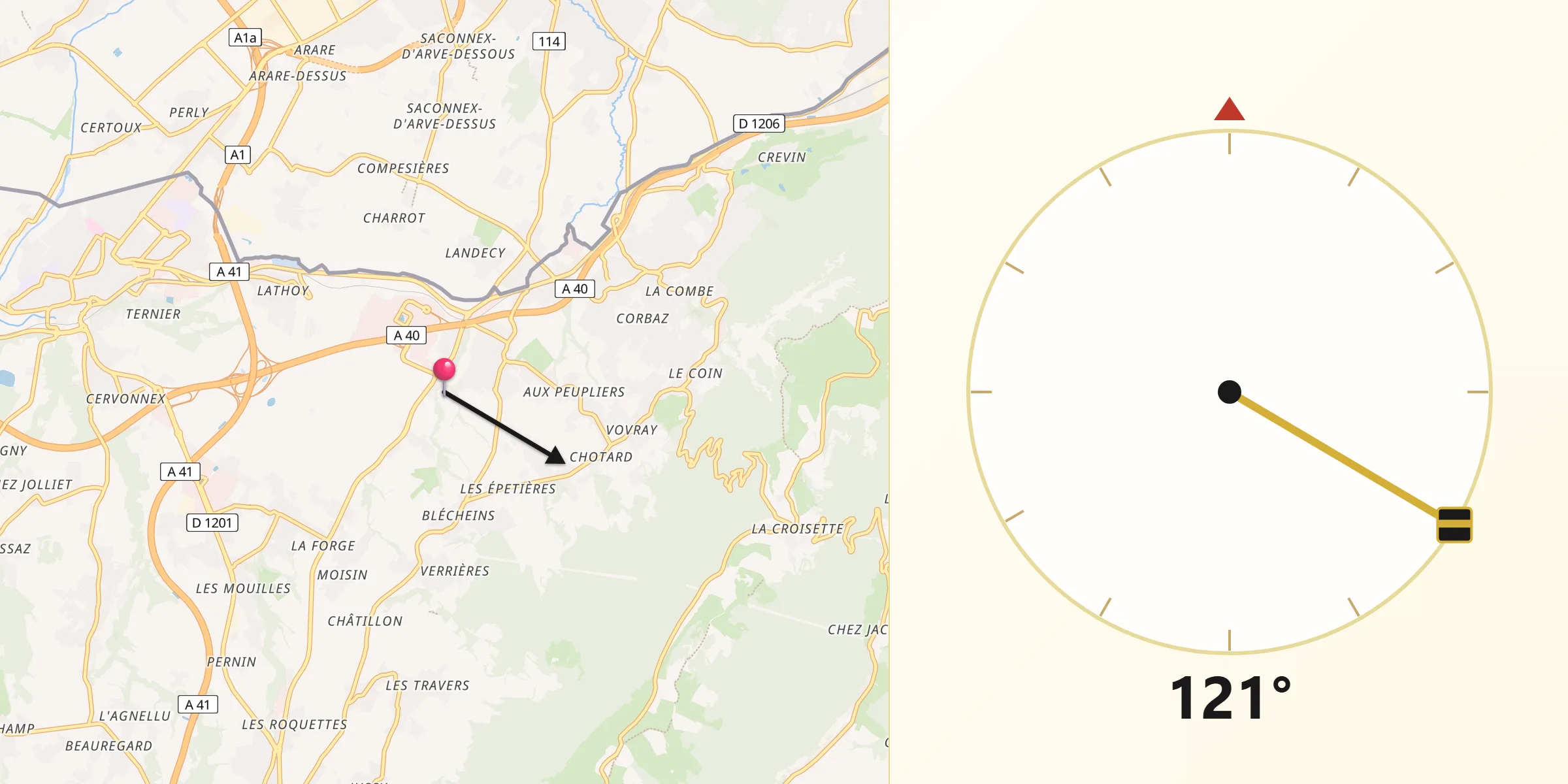 Direction vers la Qibla depuis Archamps