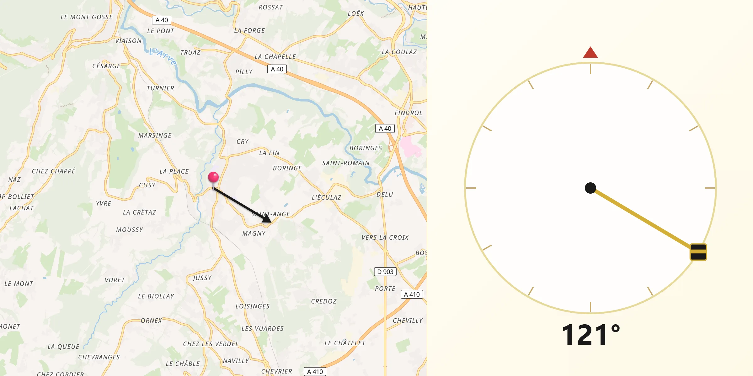 Direction vers la Qibla depuis Reignier-Ésery