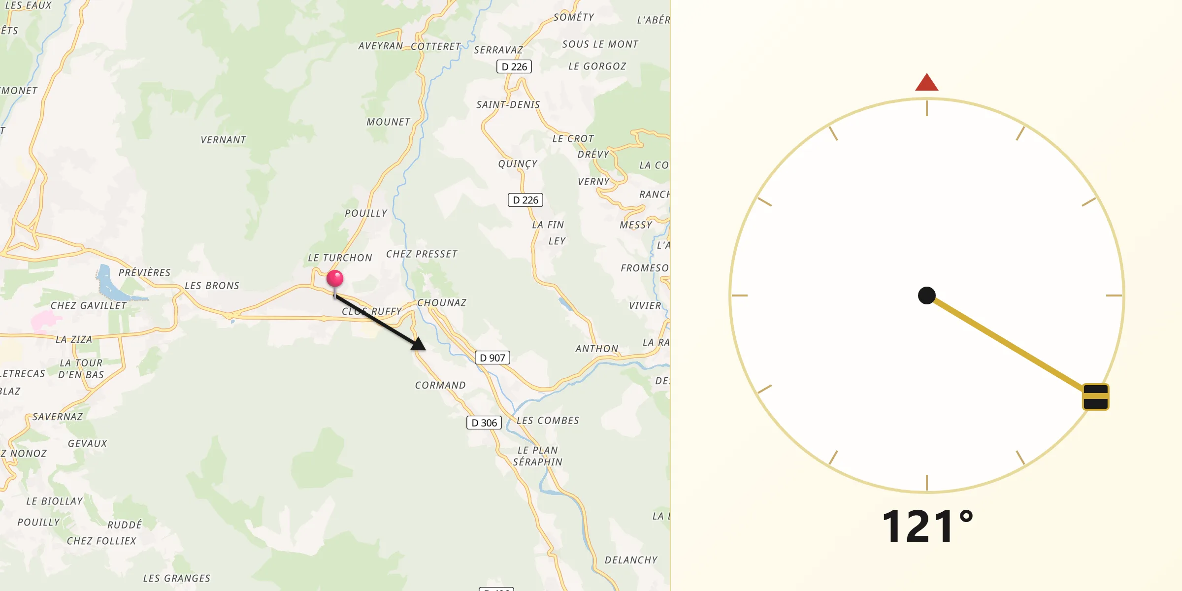 Direction vers la Qibla depuis Saint-Jeoire