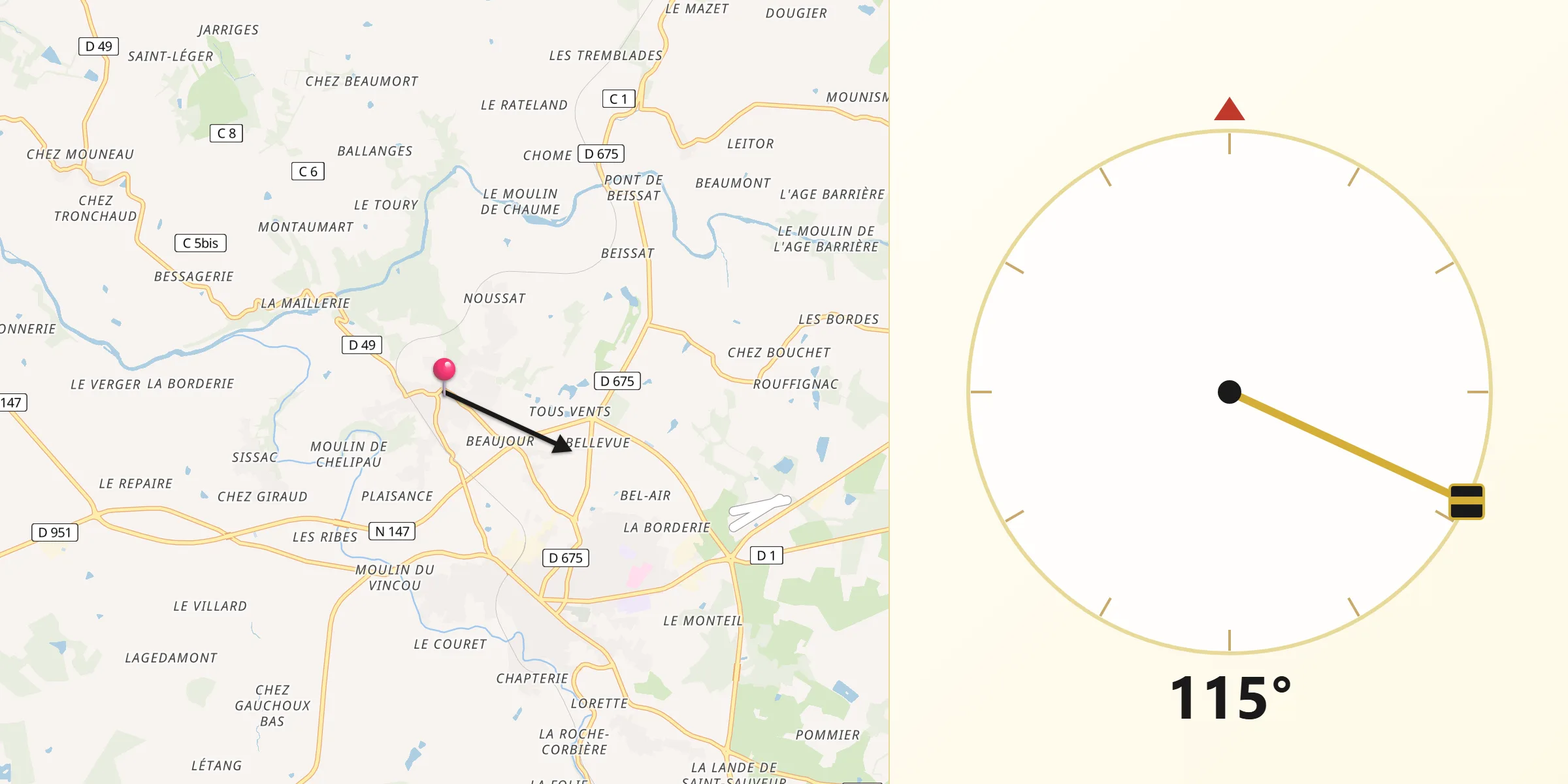 Direction vers la Qibla depuis Peyrat-de-Bellac