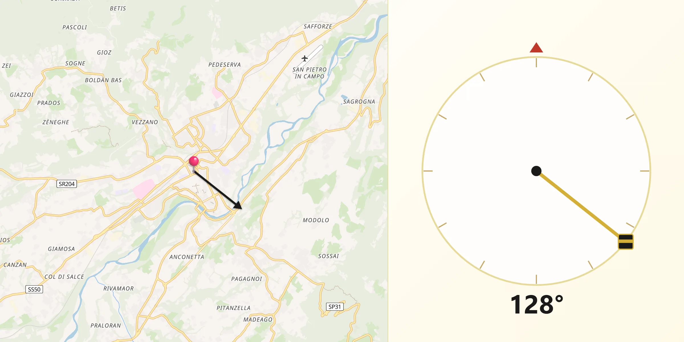 Direzione della Qibla da Belluno