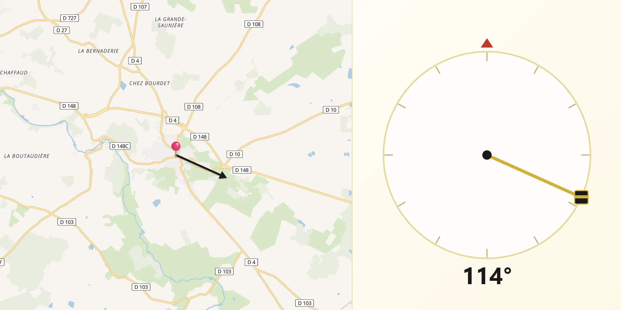 Direction vers la Qibla depuis Charroux