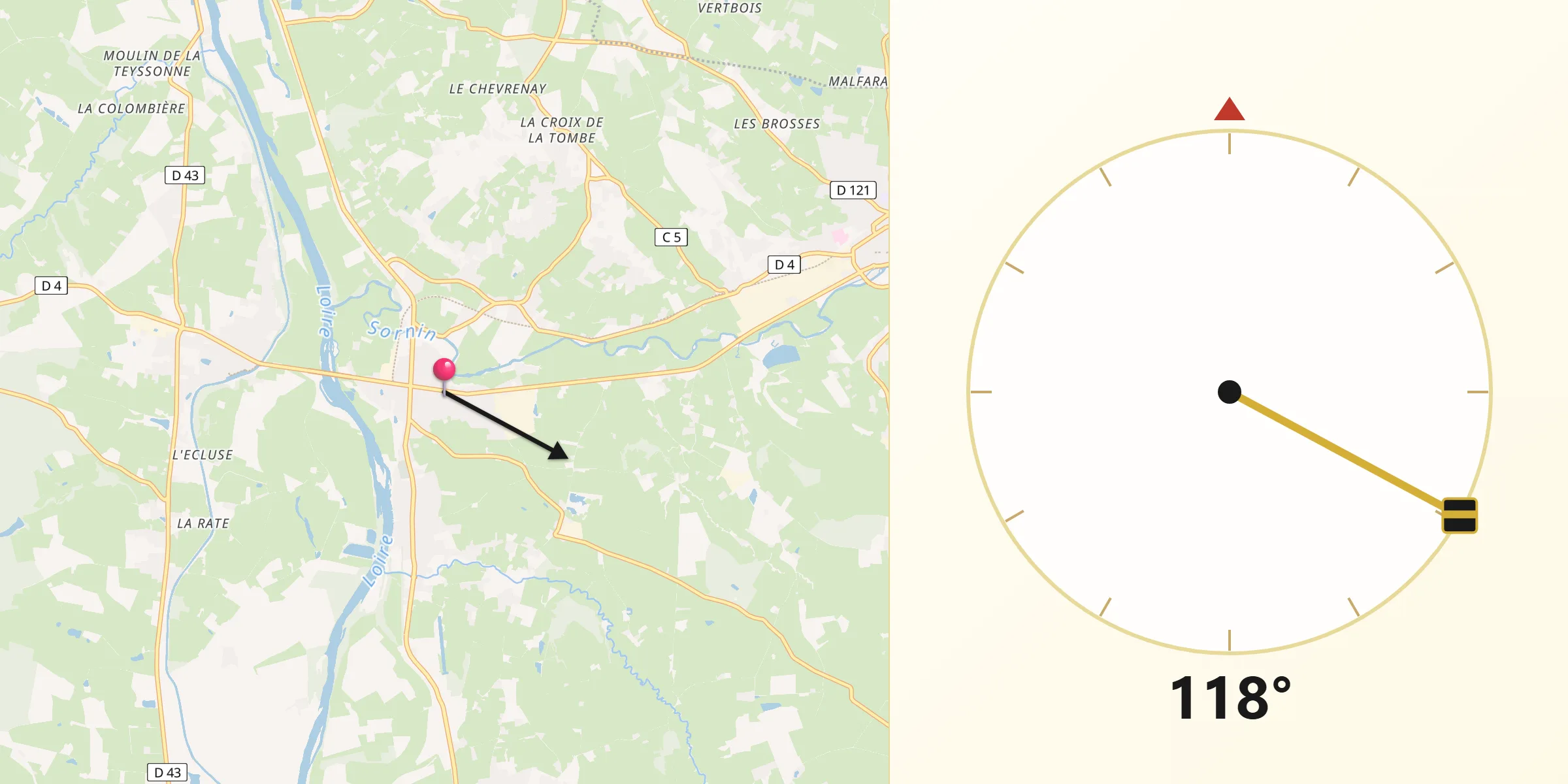 Direction vers la Qibla depuis Pouilly-sous-Charlieu