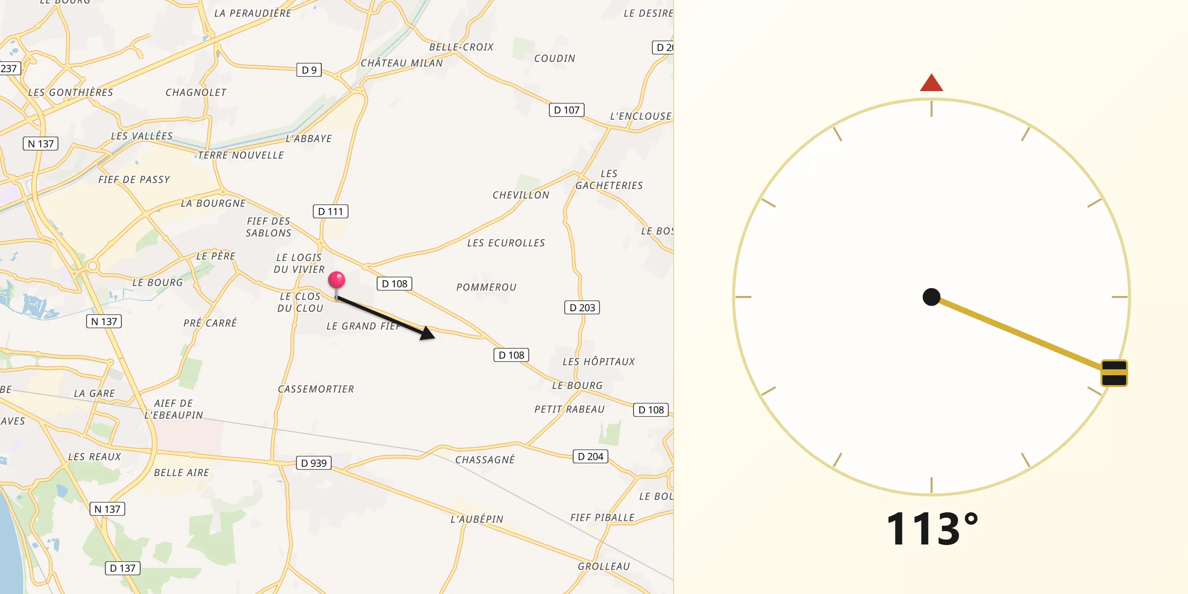 Direction vers la Qibla depuis Saint-Rogatien