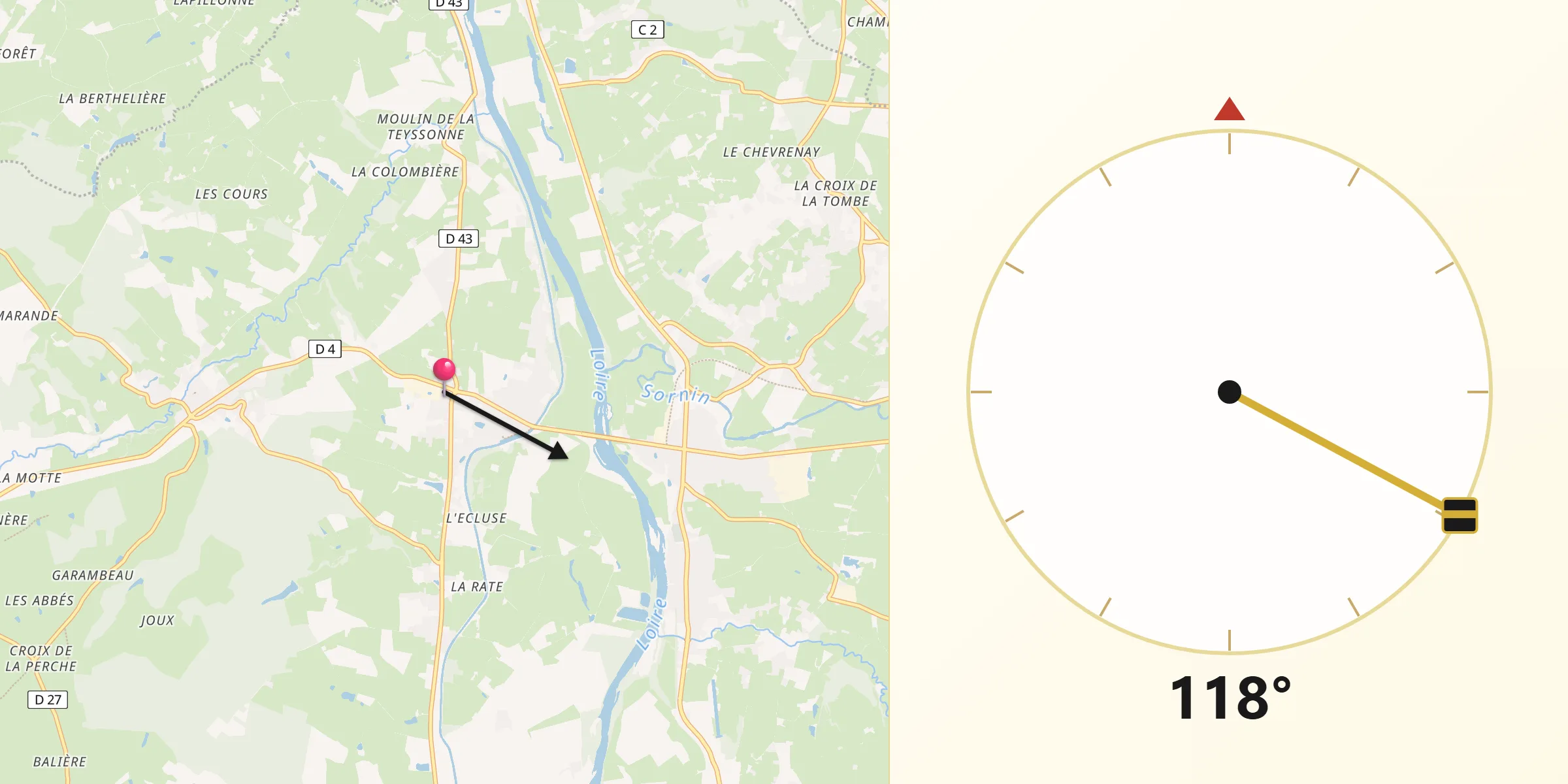 Direction vers la Qibla depuis Briennon