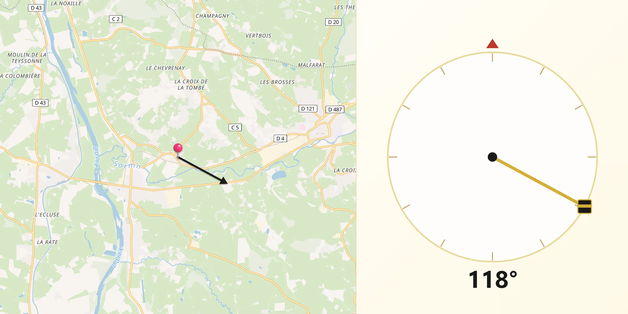 Direction vers la Qibla depuis Saint-Nizier-sous-Charlieu