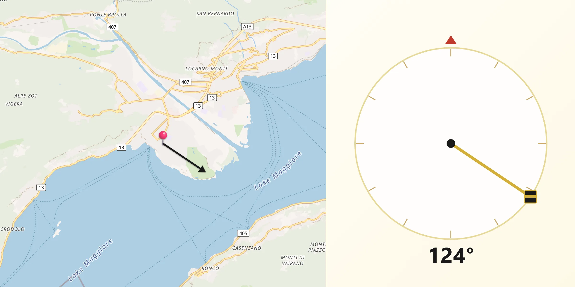 Direction vers la Qibla depuis Ascona