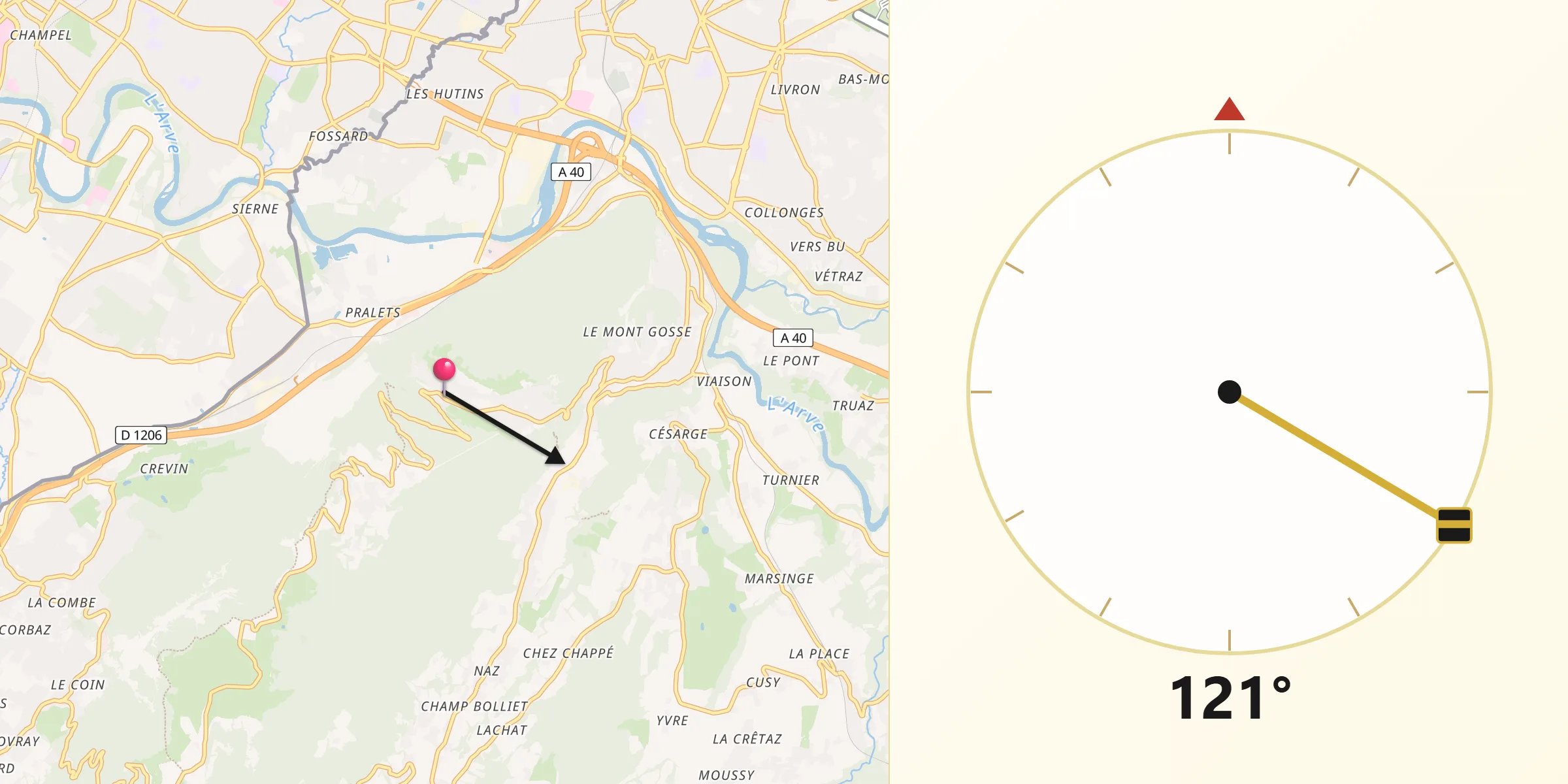 Direction vers la Qibla depuis Monnetier-Mornex