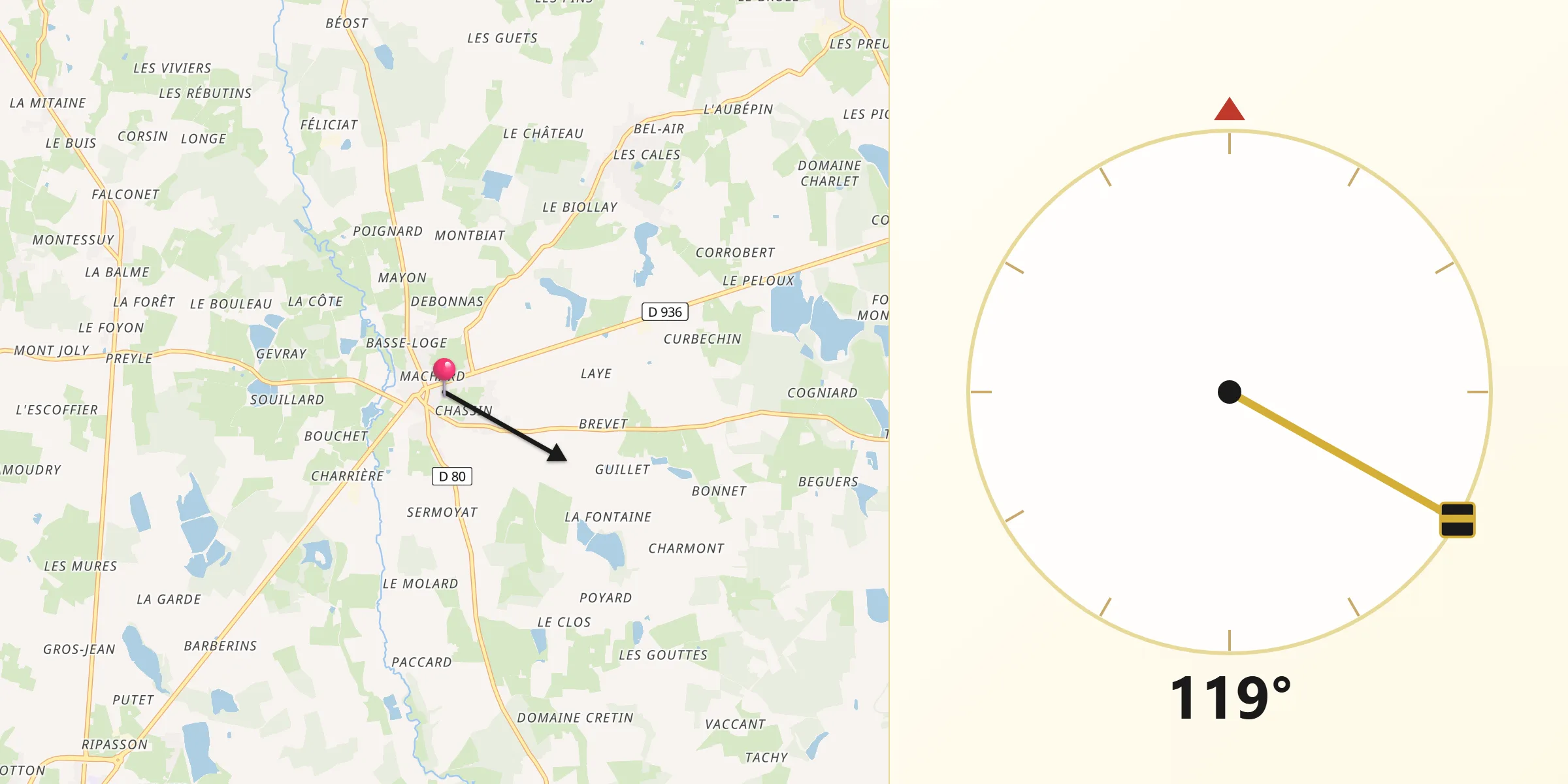 Direction vers la Qibla depuis Neuville-les-Dames