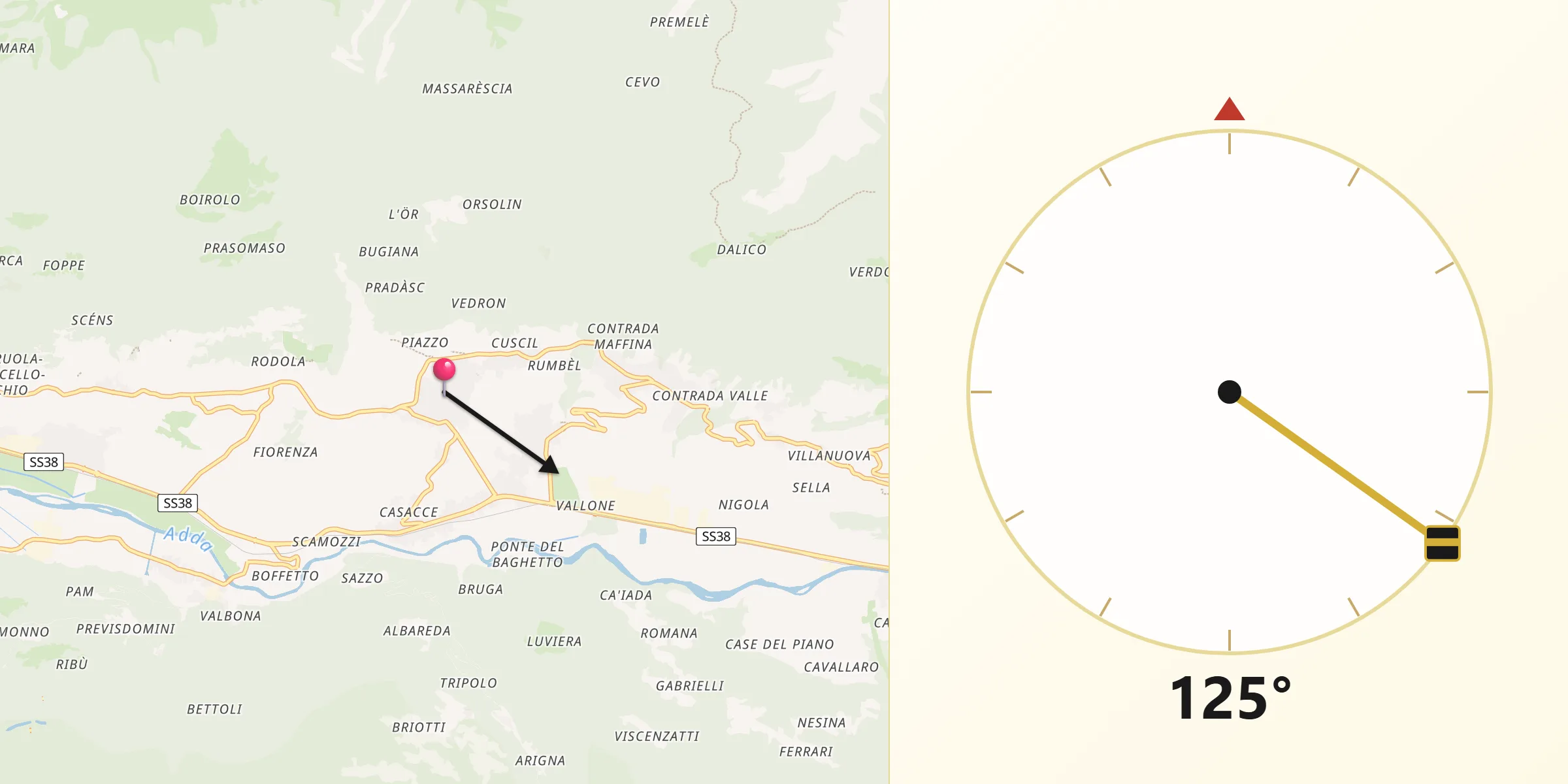 Direzione della Qibla da Ponte in Valtellina
