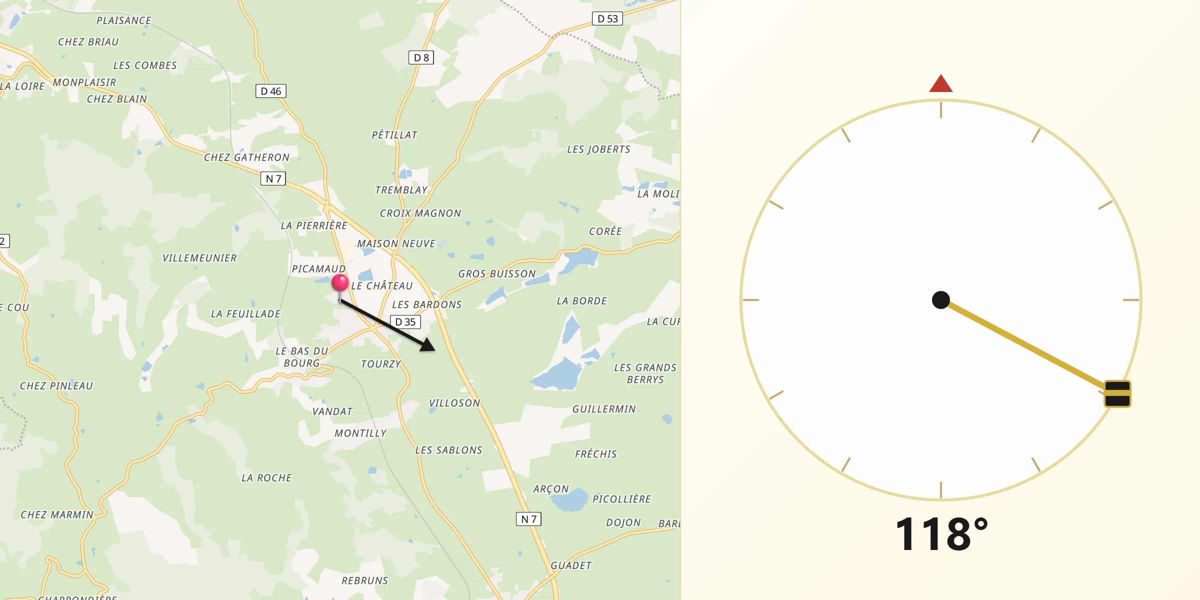 Direction vers la Qibla depuis La Pacaudière