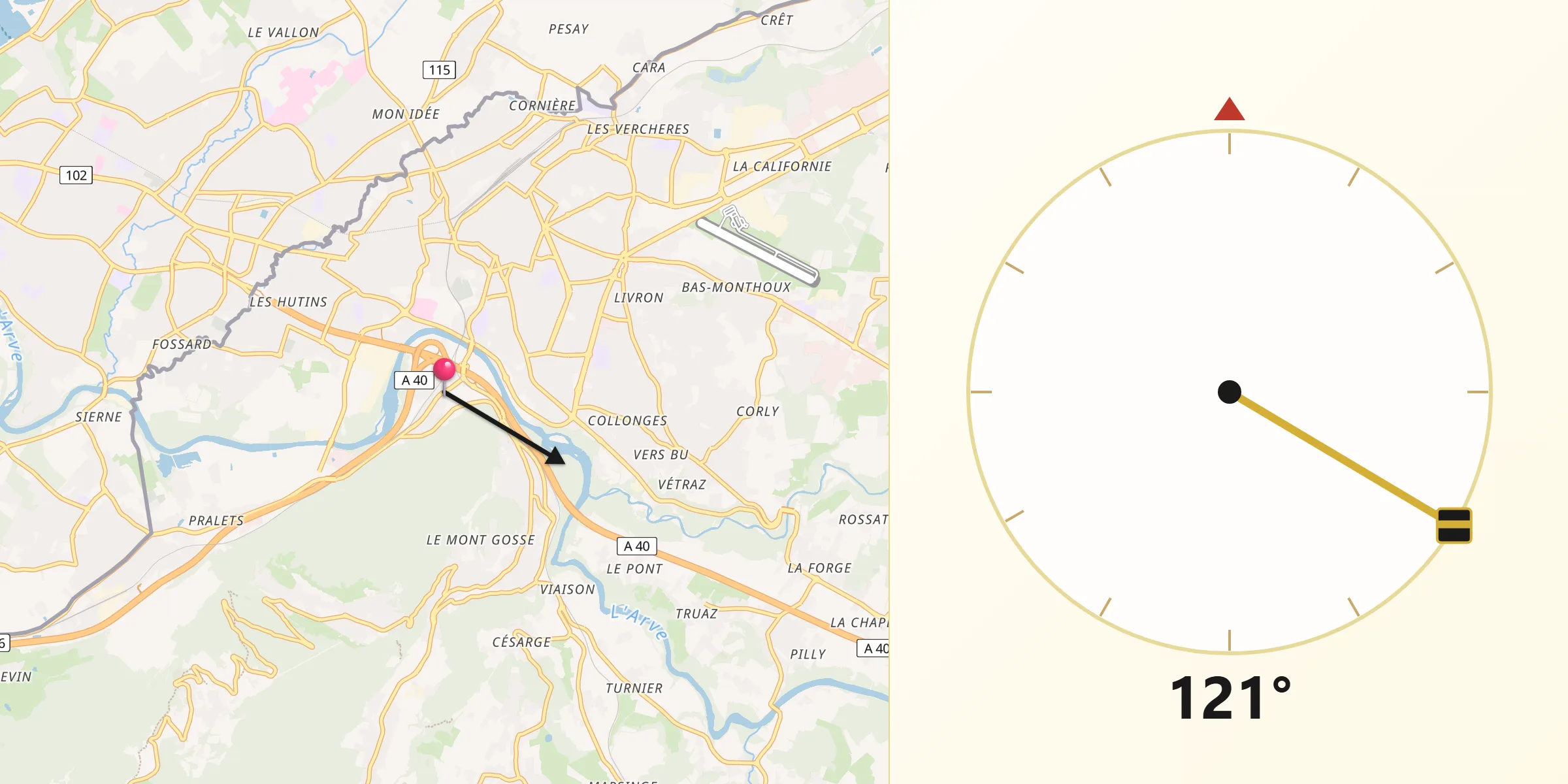 Direction vers la Qibla depuis Étrembières