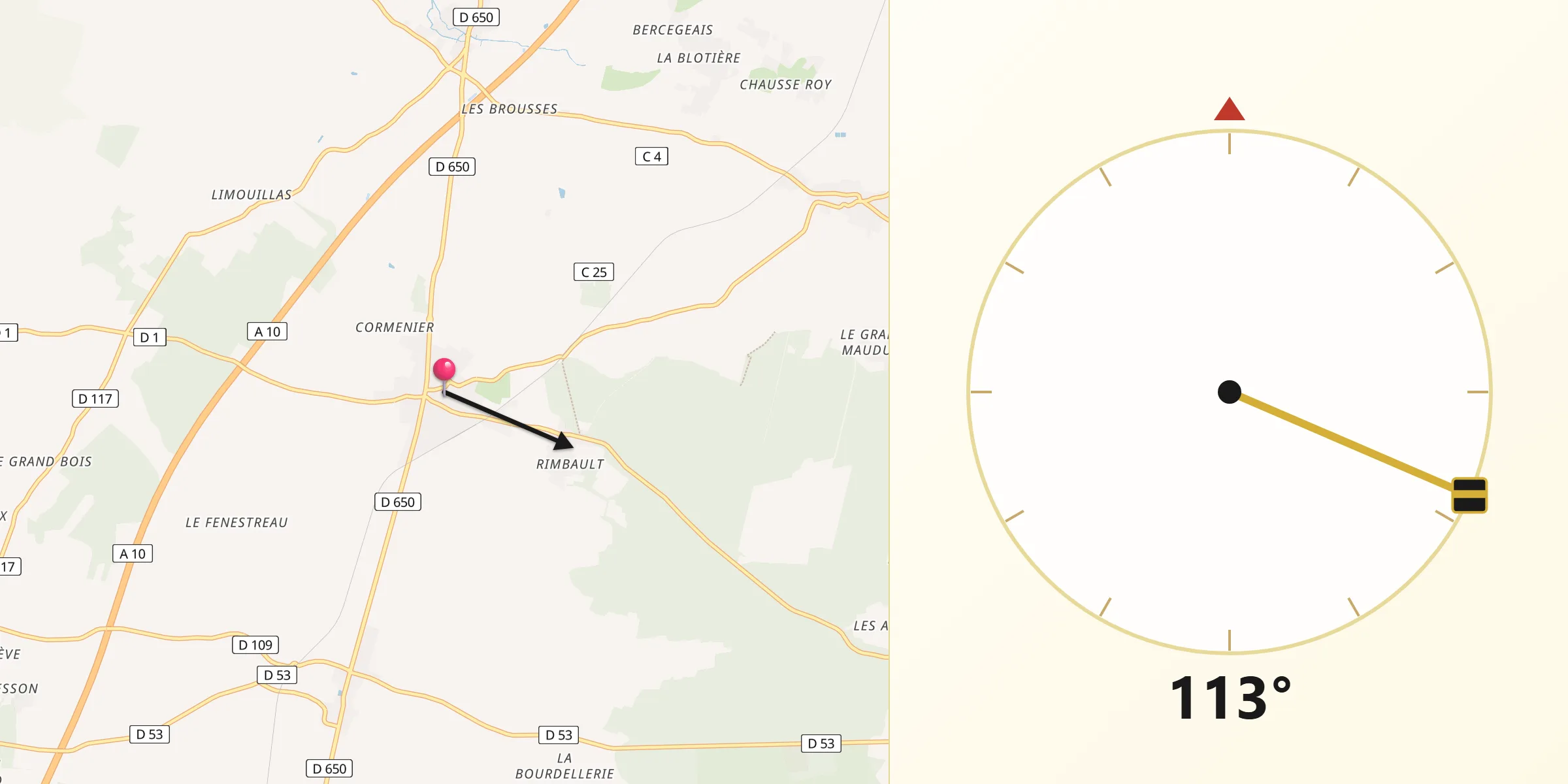 Direction vers la Qibla depuis Beauvoir-sur-Niort