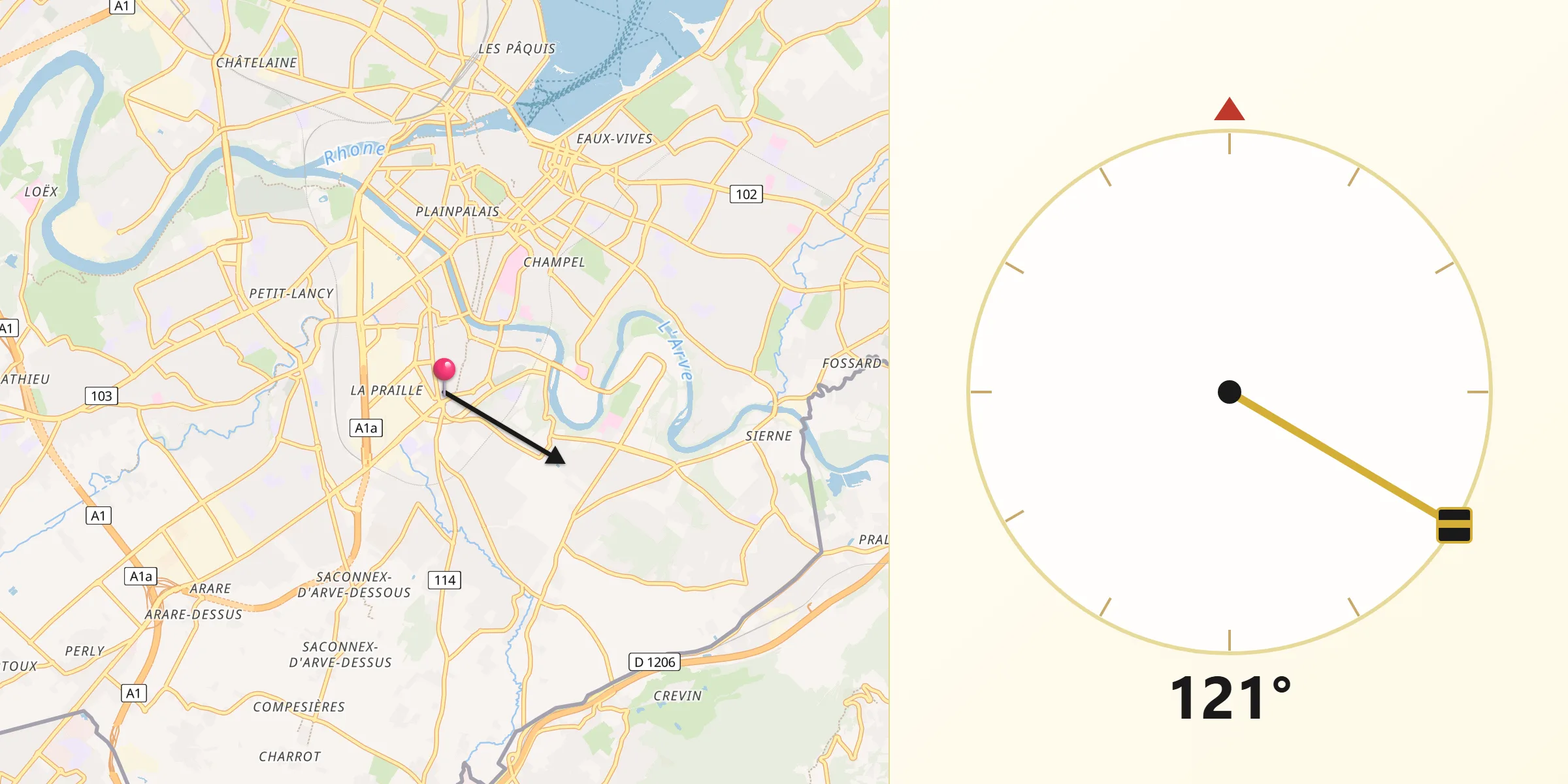 Direction vers la Qibla depuis Carouge