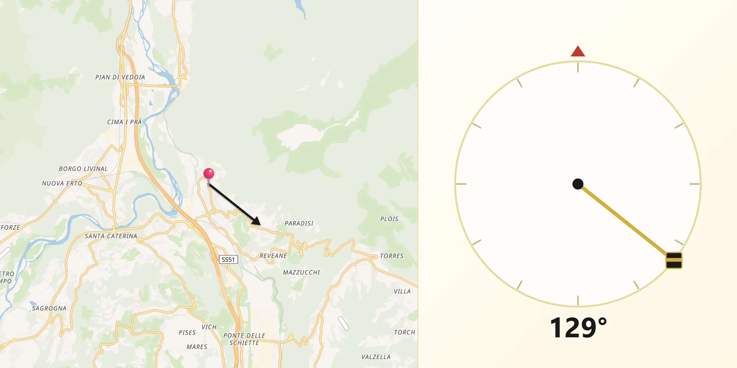 Direzione della Qibla da Soccher-Paiane-Casan-Arsie