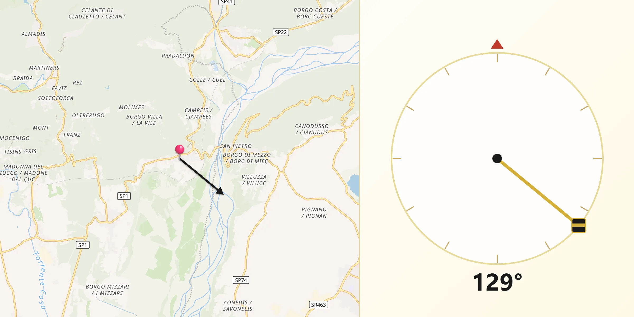 Direzione della Qibla da Pinzano al Tagliamento