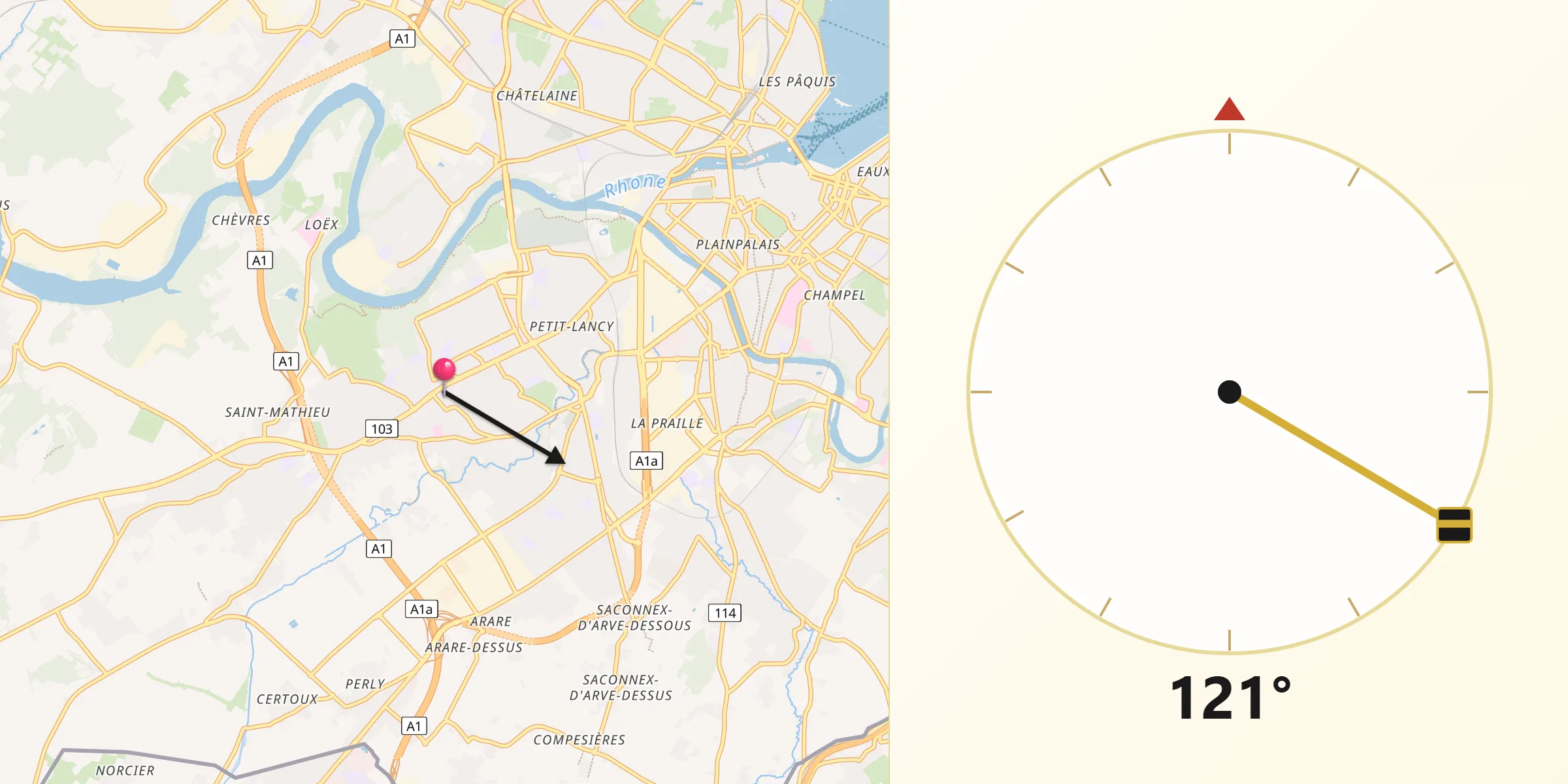 Direction vers la Qibla depuis Onex