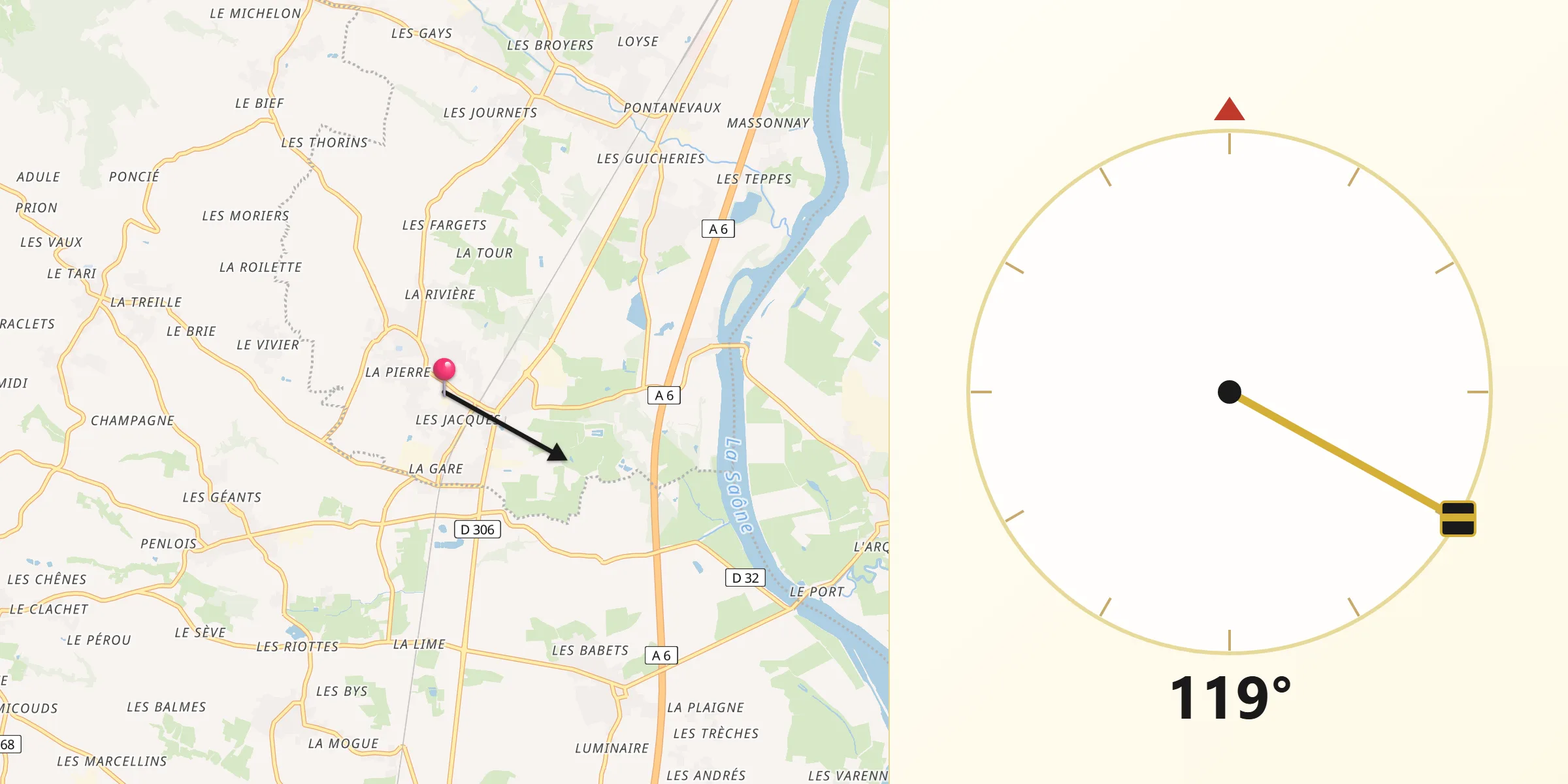 Direction vers la Qibla depuis Romanèche-Thorins