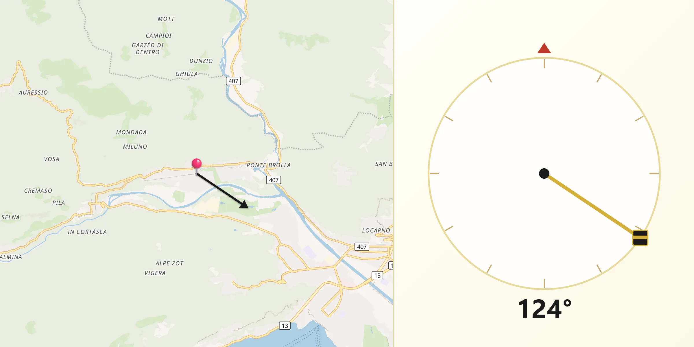 Direction vers la Qibla depuis Verscio