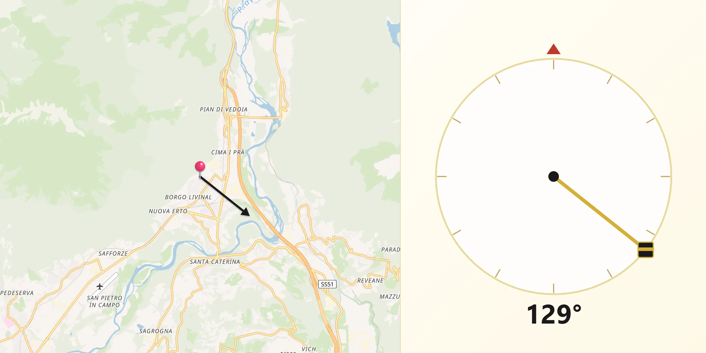 Direzione della Qibla da Ponte nelle Alpi-Polpet