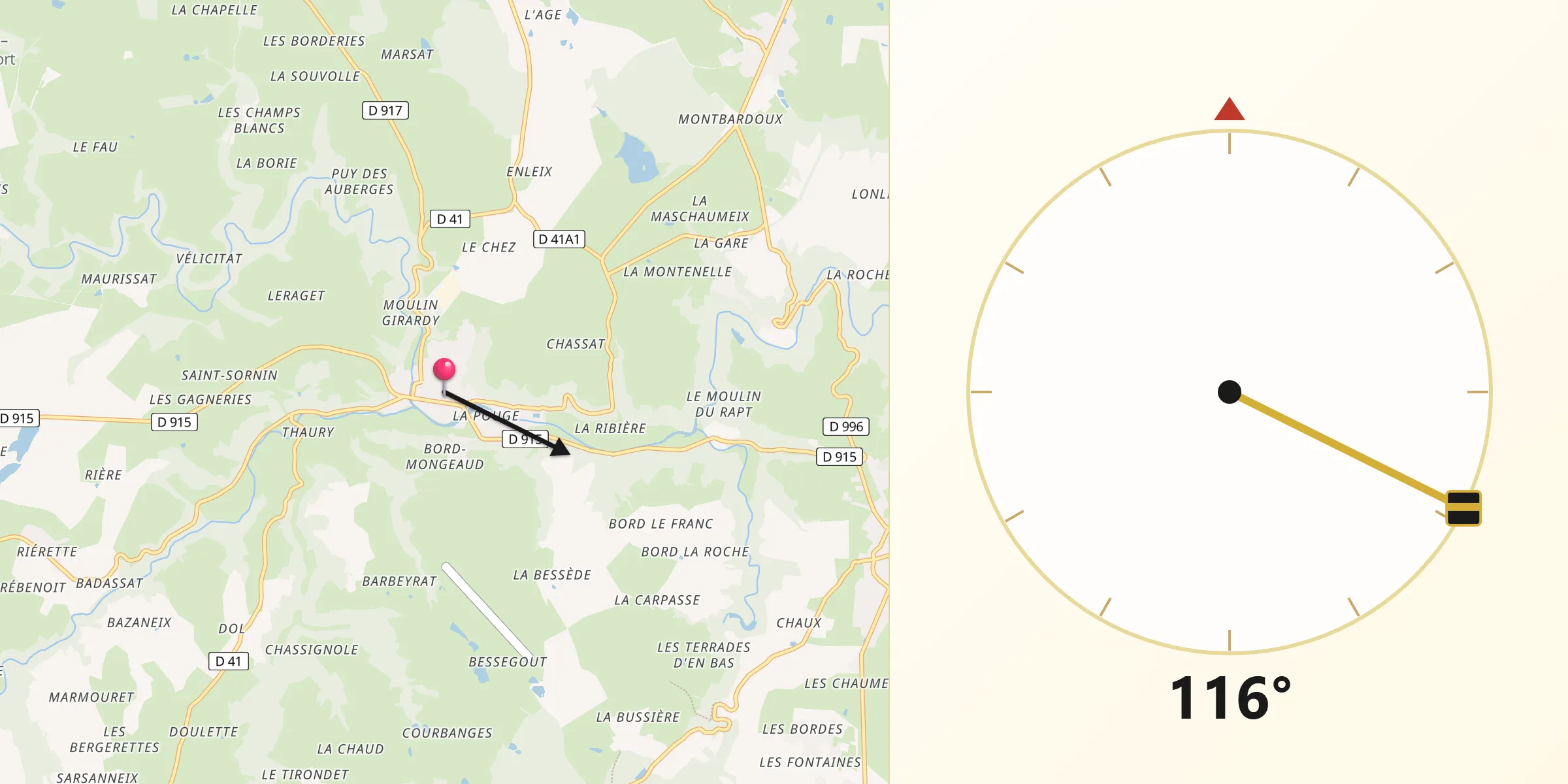 Direction vers la Qibla depuis Chambon-sur-Voueize