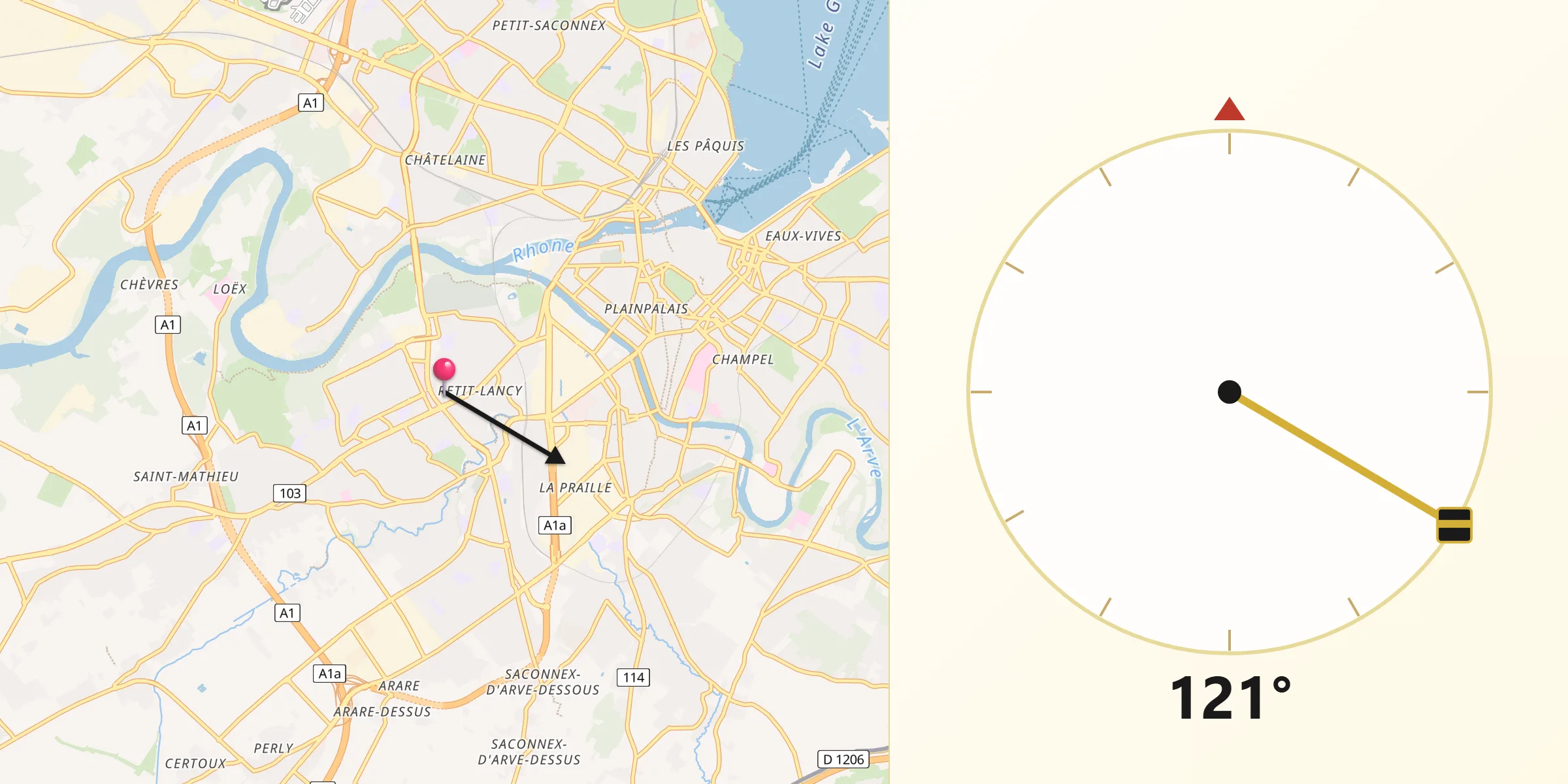 Direction vers la Qibla depuis Lancy