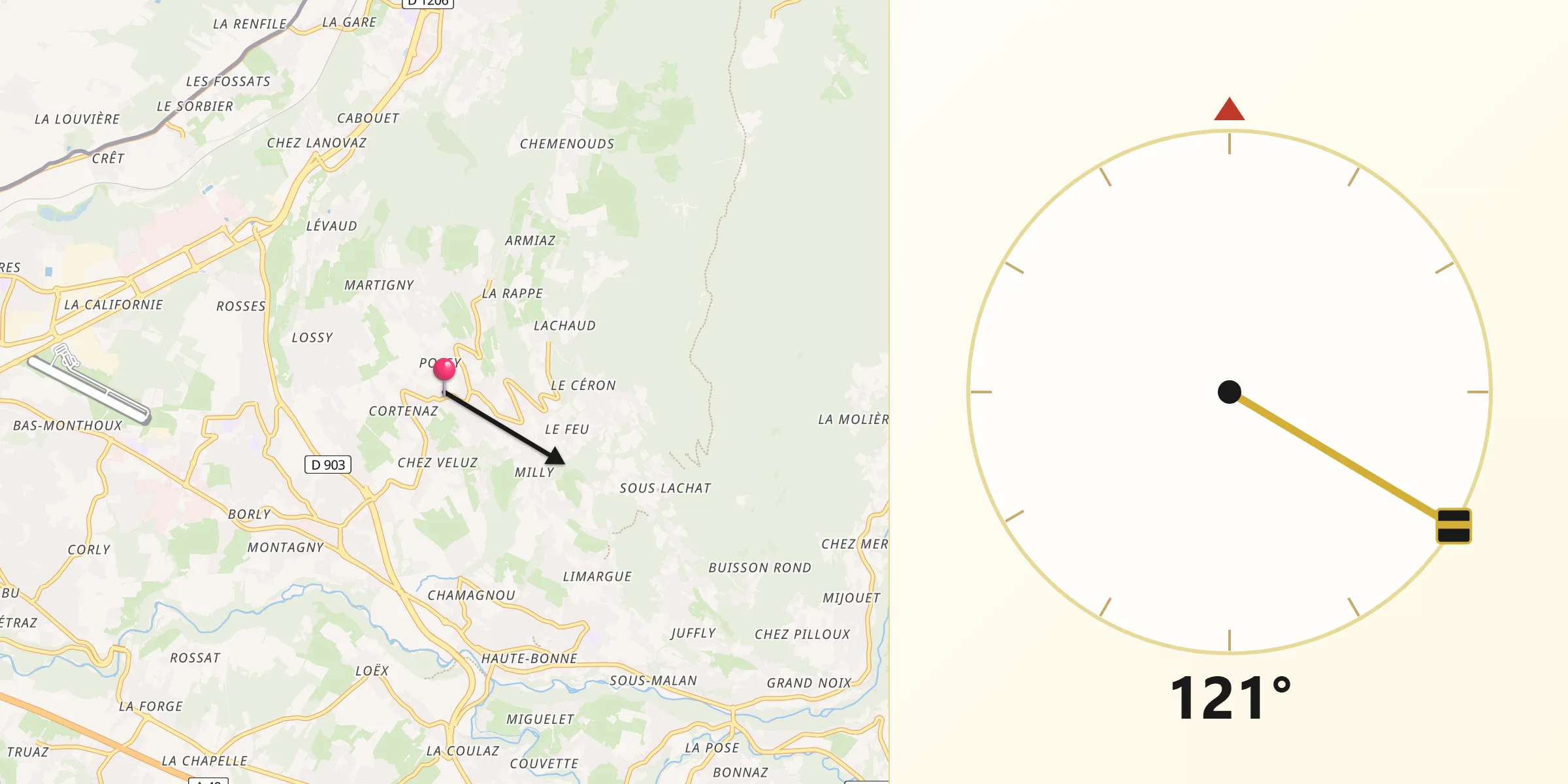 Direction vers la Qibla depuis Lucinges