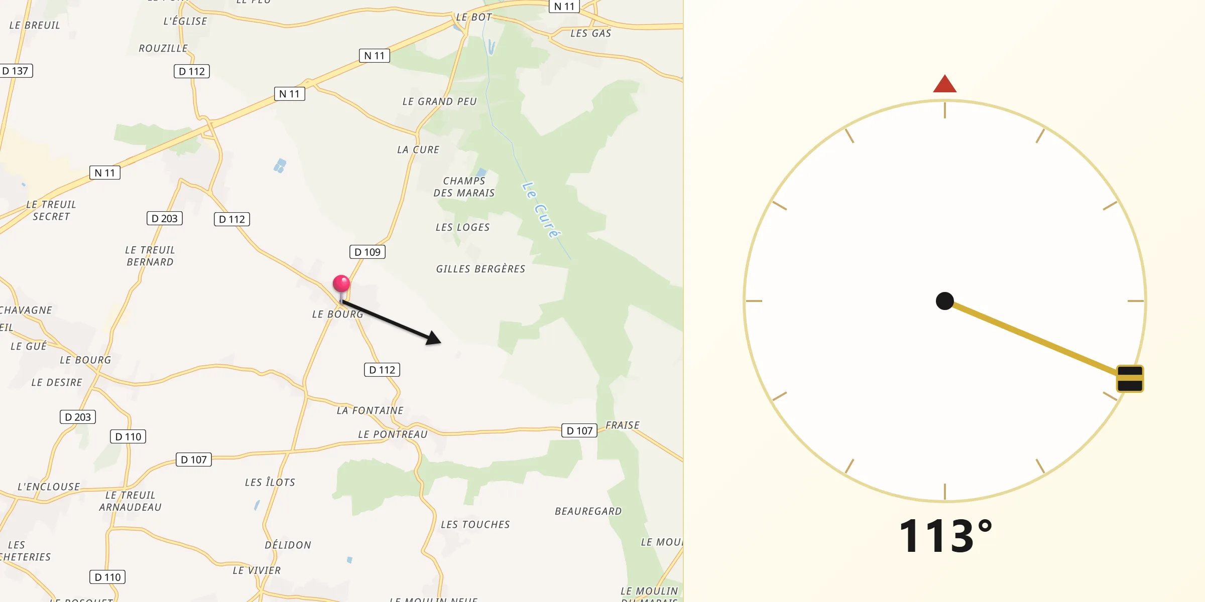 Direction vers la Qibla depuis Vérines