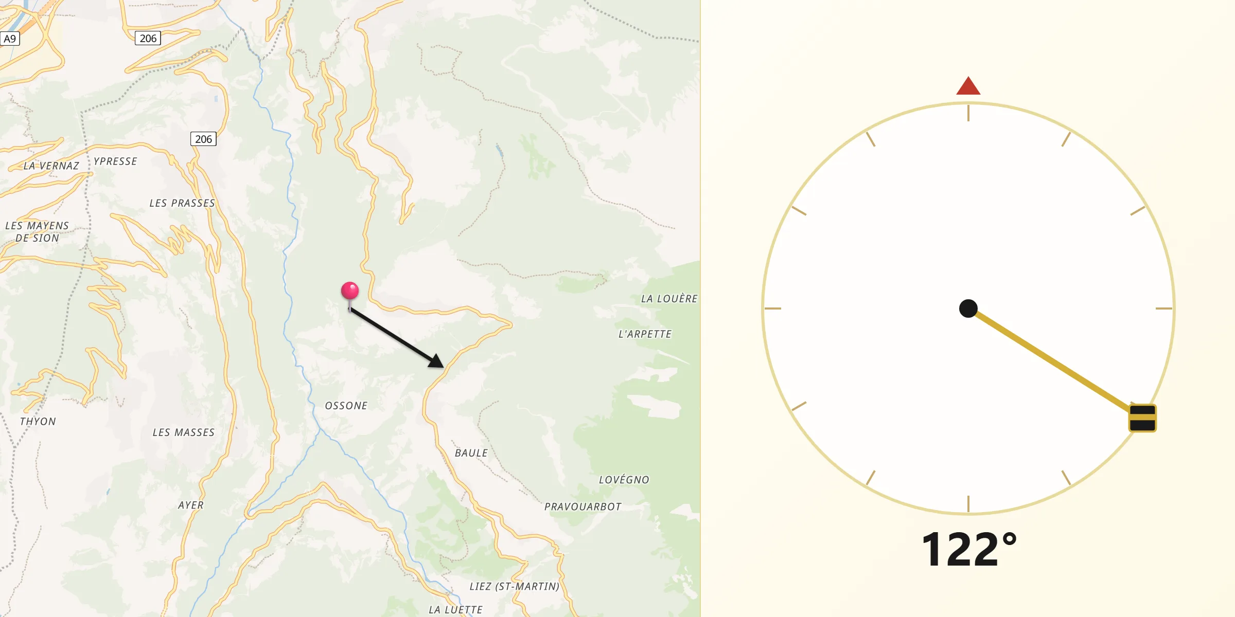 Direction vers la Qibla depuis Hérens