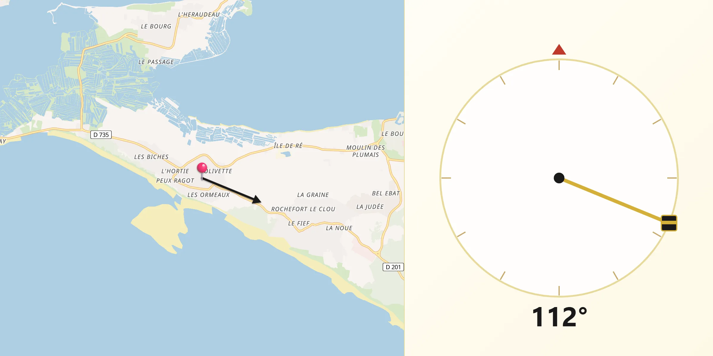 Direction vers la Qibla depuis La Couarde-sur-Mer