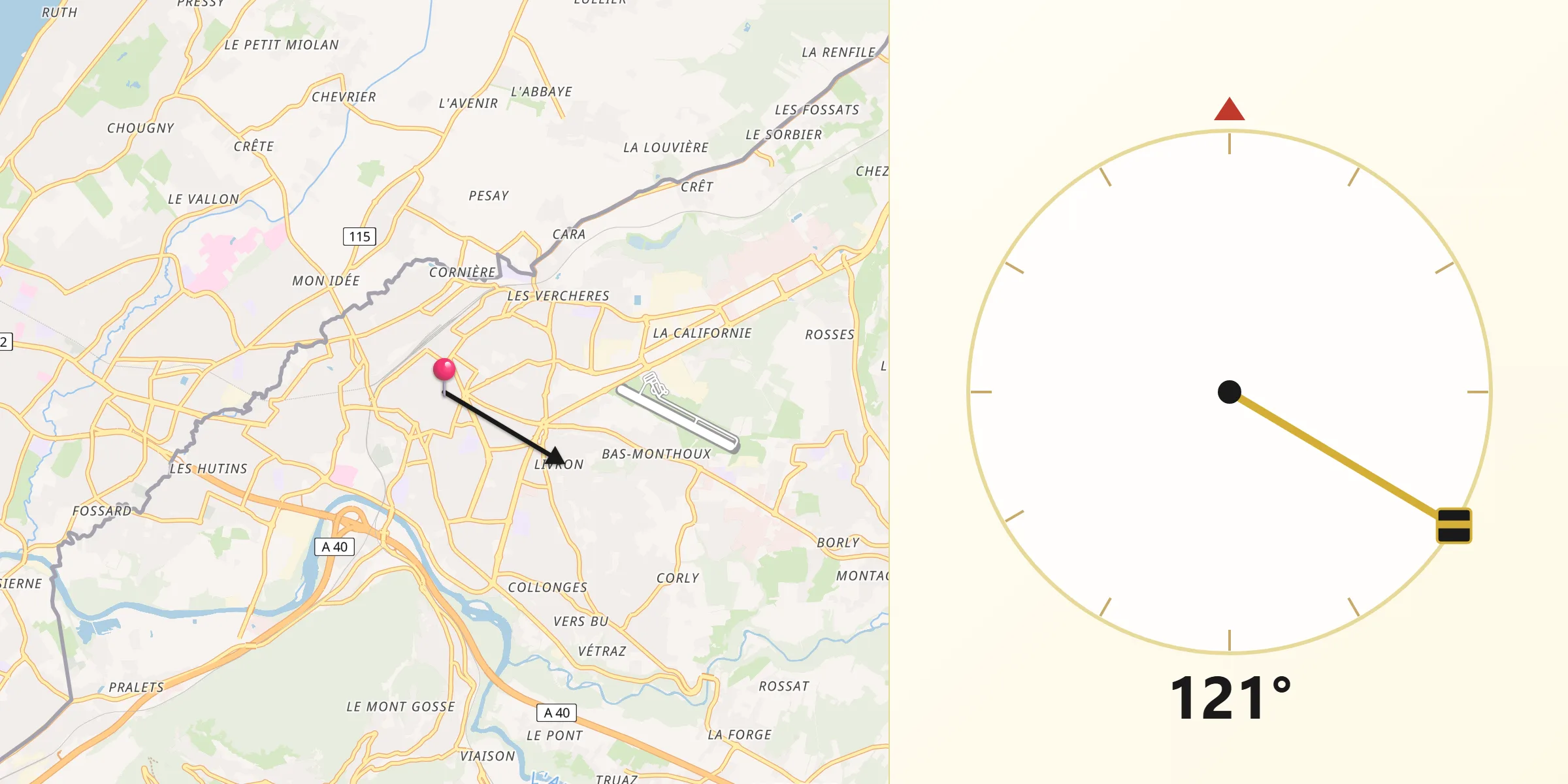 Direction vers la Qibla depuis Annemasse