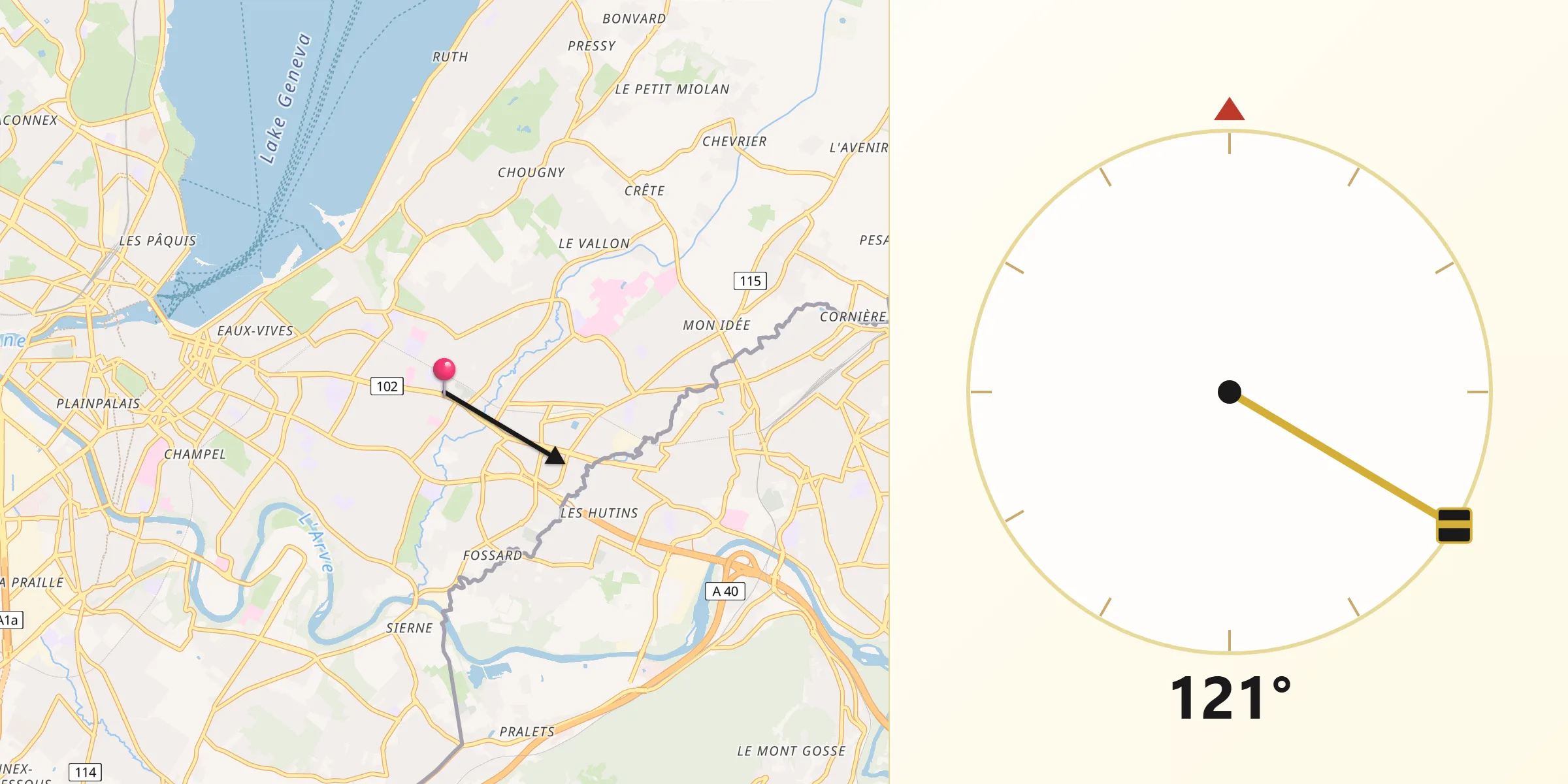 Direction vers la Qibla depuis Chêne-Bougeries