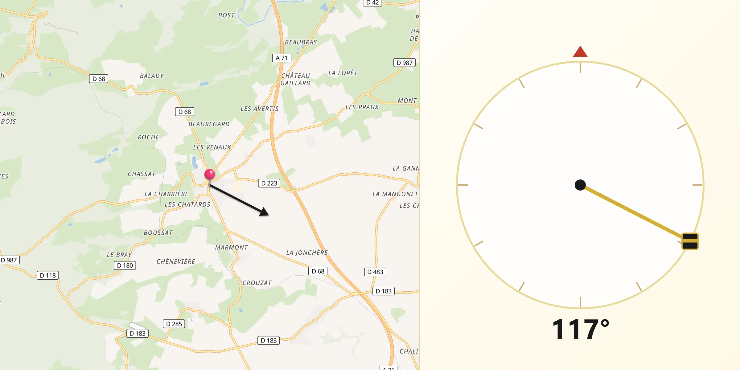 Direction vers la Qibla depuis Bellenaves