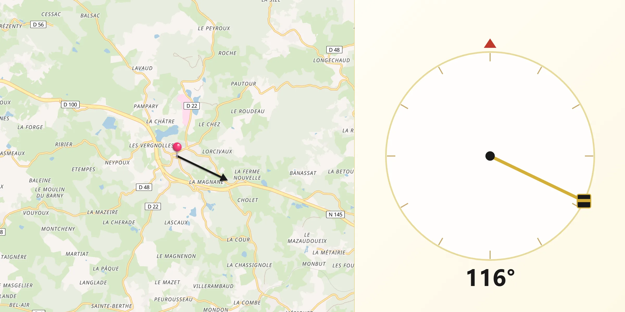 Direction vers la Qibla depuis Saint-Vaury