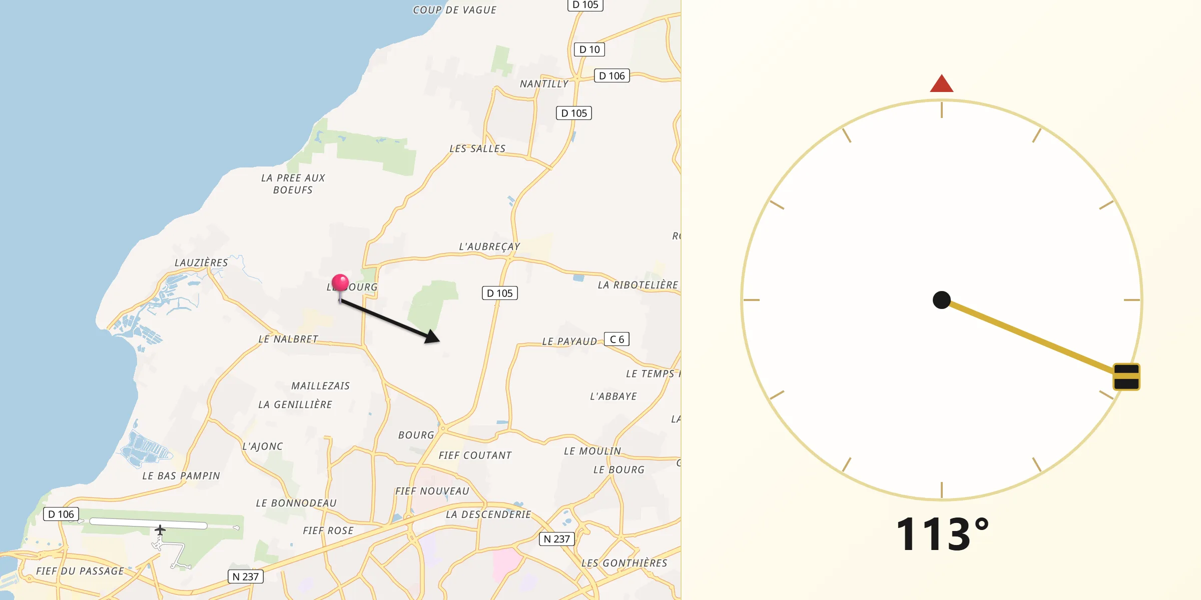 Direction vers la Qibla depuis Nieul-sur-Mer