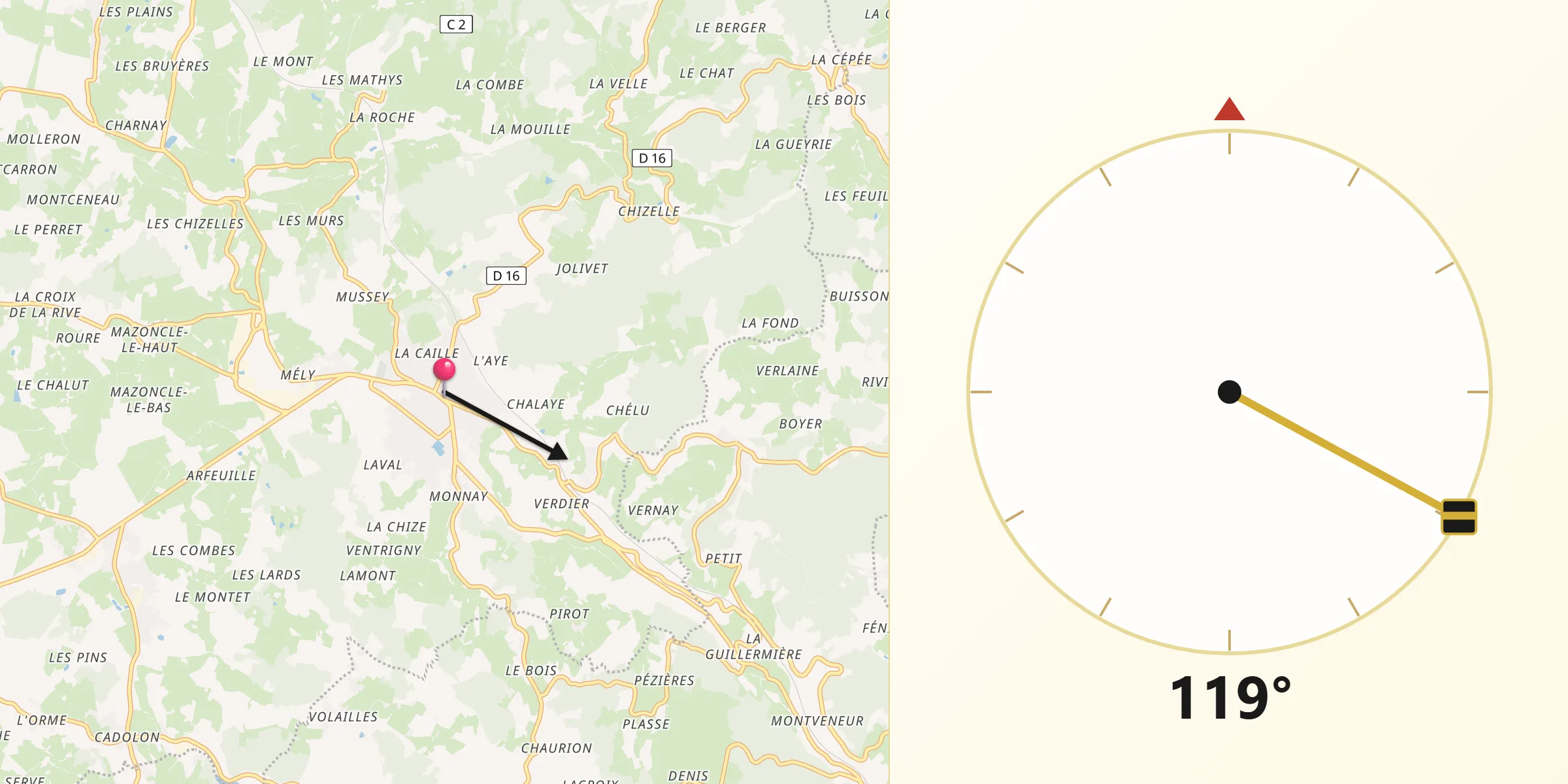 Direction vers la Qibla depuis Chauffailles