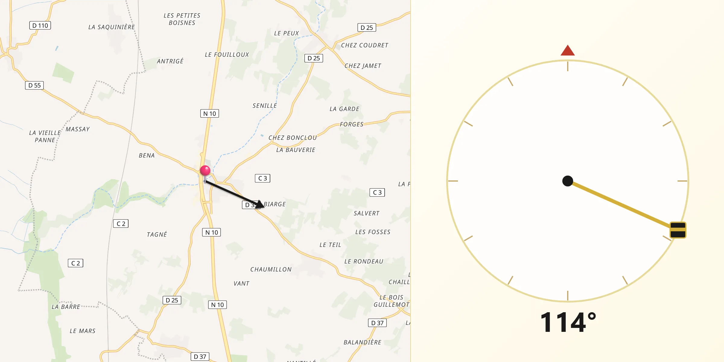 Direction vers la Qibla depuis Chaunay