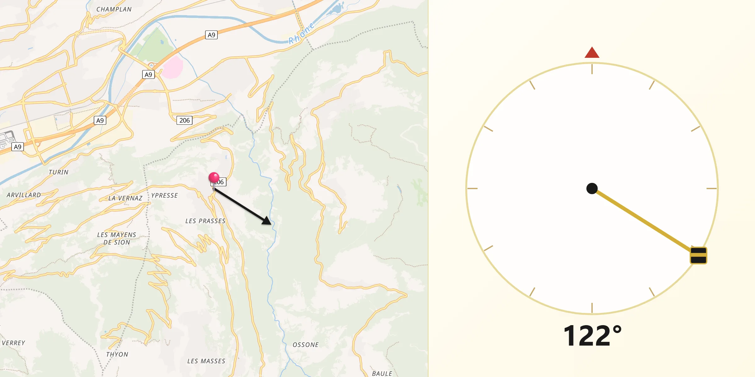 Direction vers la Qibla depuis Vex