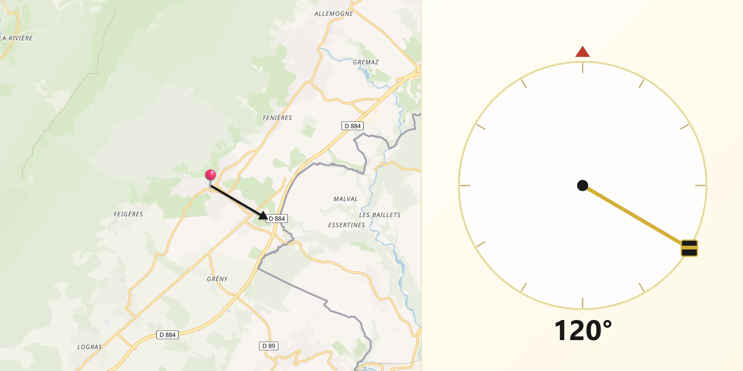 Direction vers la Qibla depuis Saint-Jean-de-Gonville