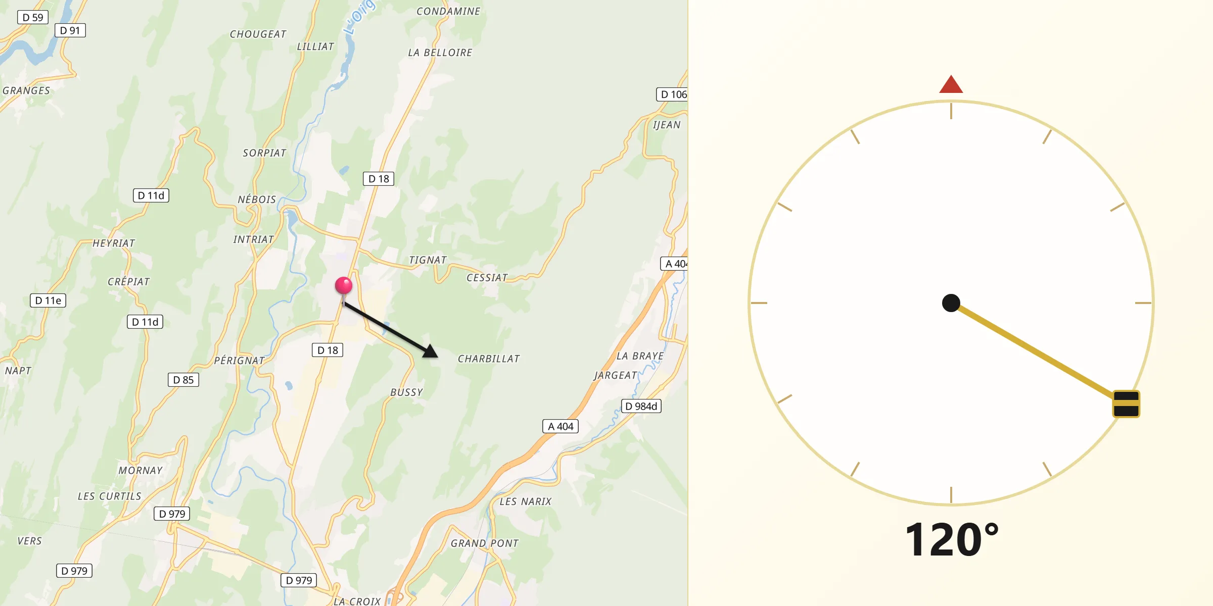 Direction vers la Qibla depuis Izernore