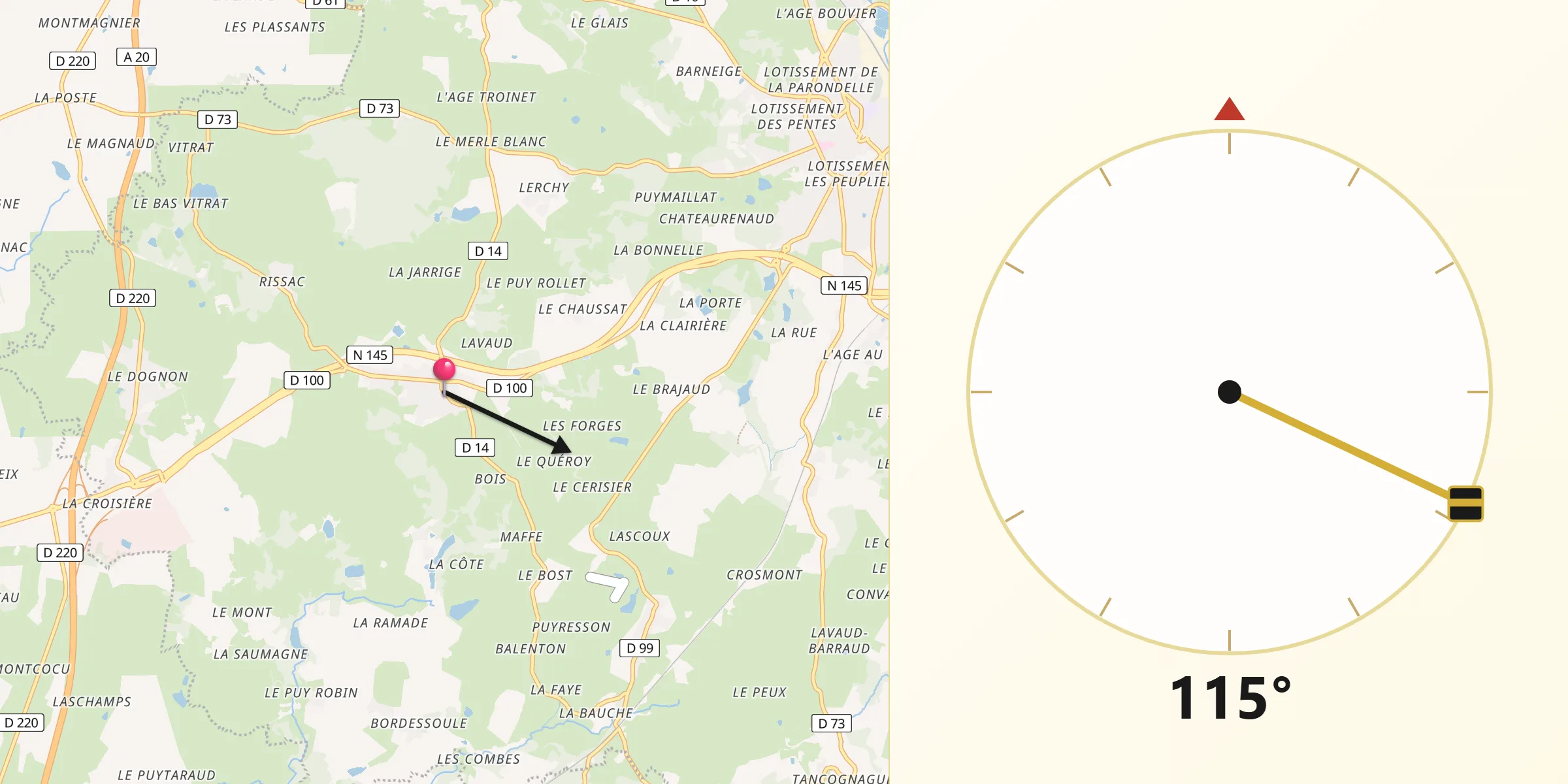 Direction vers la Qibla depuis Saint-Maurice-la-Souterraine