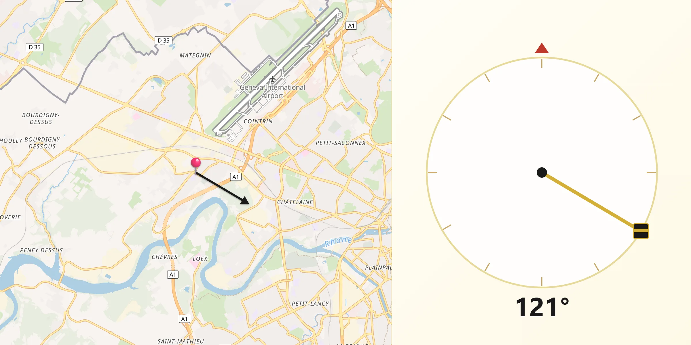 Direction vers la Qibla depuis Vernier