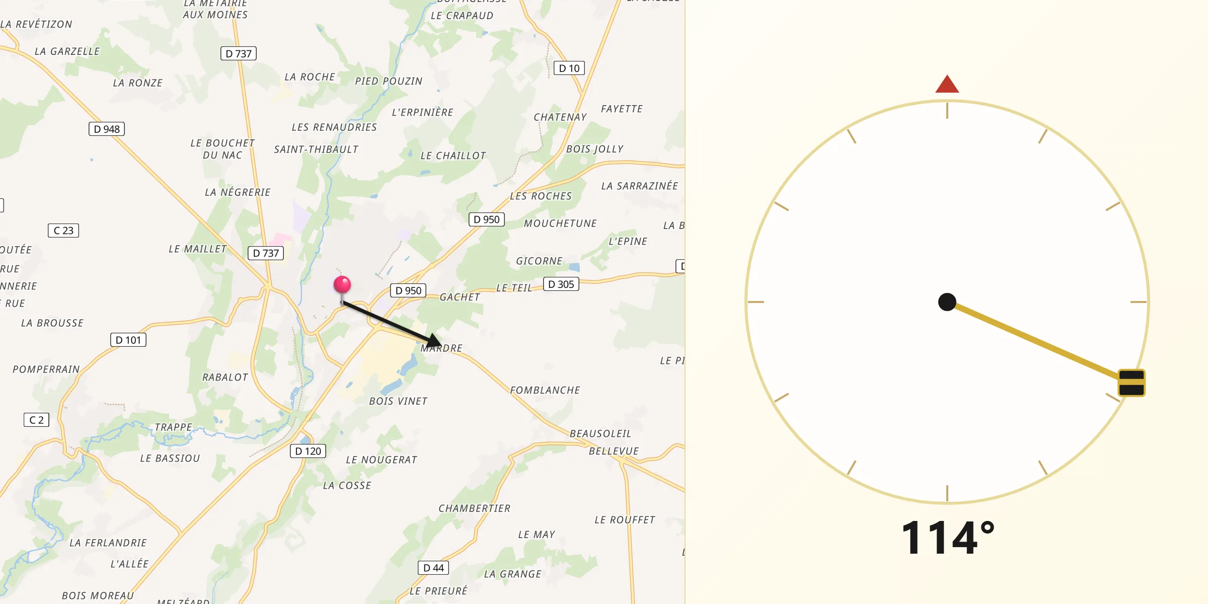 Direction vers la Qibla depuis Melle